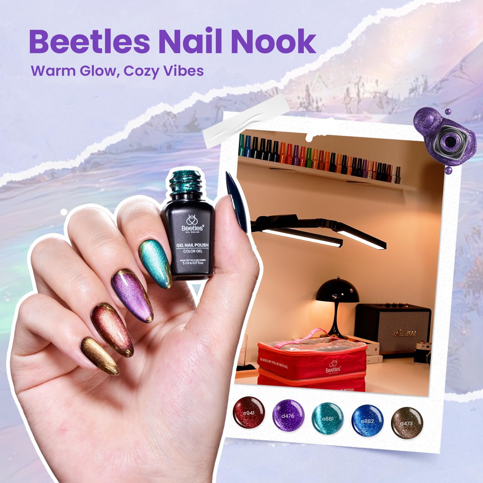 Beetles Nail Nook Gel Polish Set – 119 PCS, 100 Colors, Base & Top Coats, Glitter, Pearl & Cat Eye