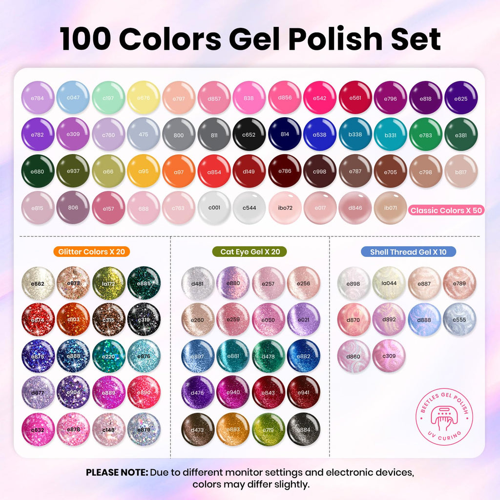 Beetles Nail Nook Gel Polish Set – 119 PCS, 100 Colors, Base & Top Coats, Glitter, Pearl & Cat Eye
