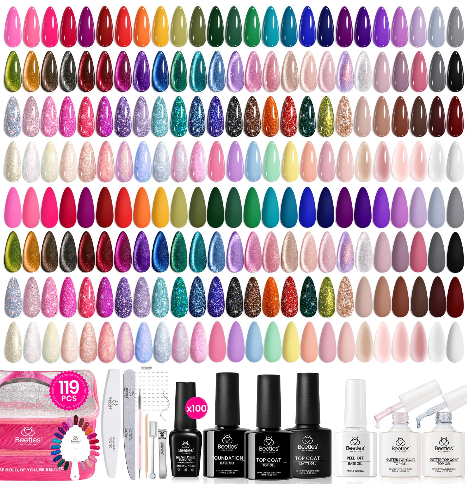 Beetles Nail Nook Gel Polish Set – 119 PCS, 100 Colors, Base & Top Coats, Glitter, Pearl & Cat Eye