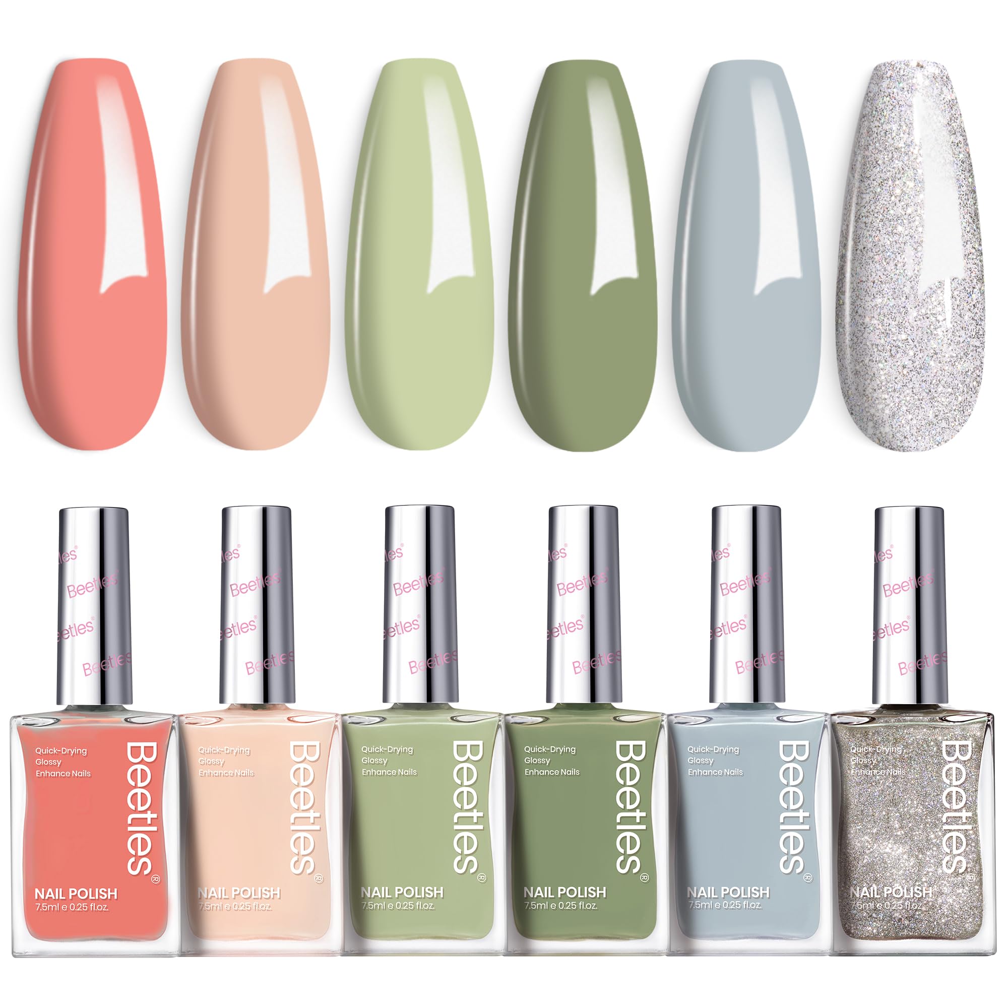 Beetles Nail Polish Set P176 – 6 Glitter Colors (Green/Nude/Pink) Fast-Drying & Long-Lasting