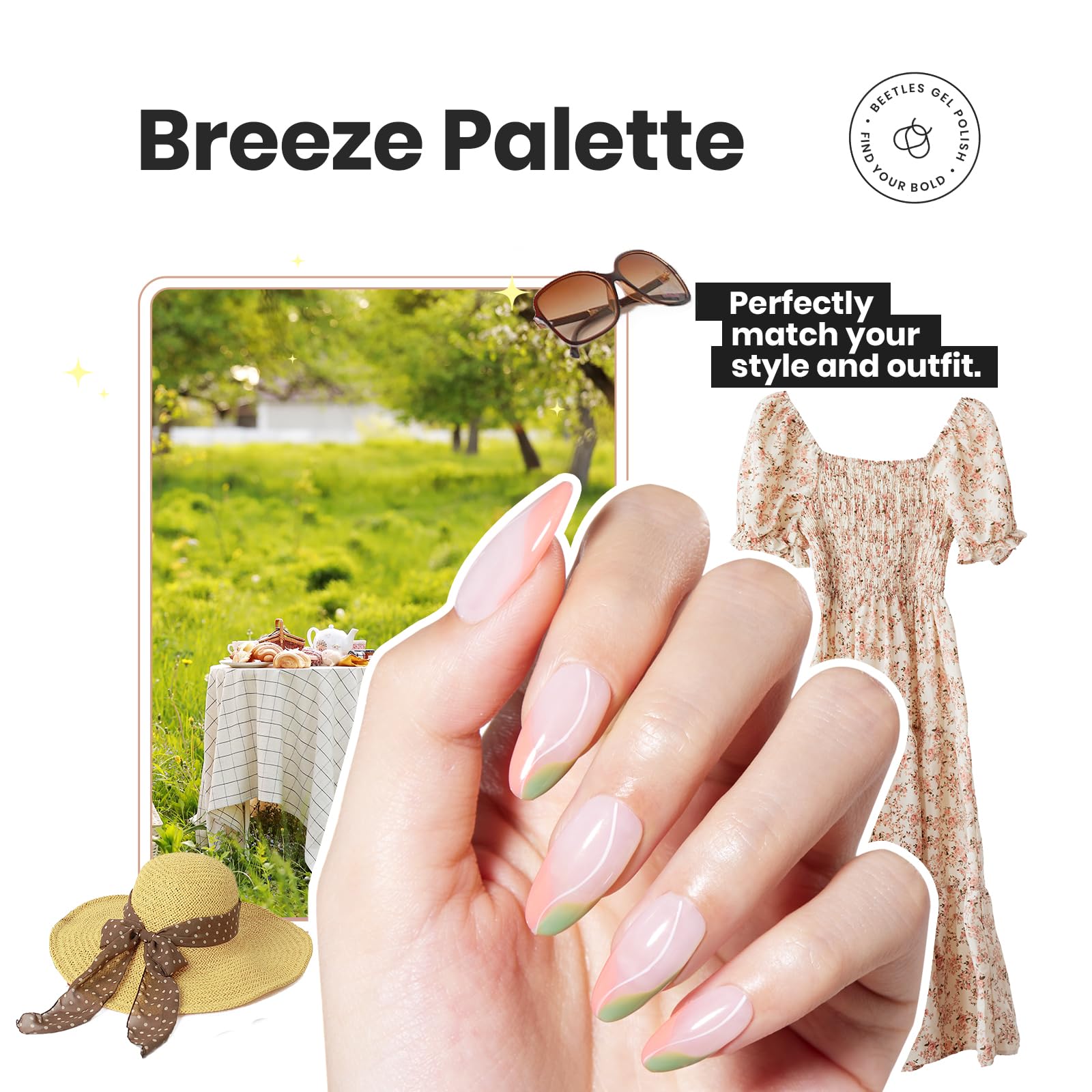Beetles Nail Polish Set P176 – 6 Glitter Colors (Green/Nude/Pink) Fast-Drying & Long-Lasting