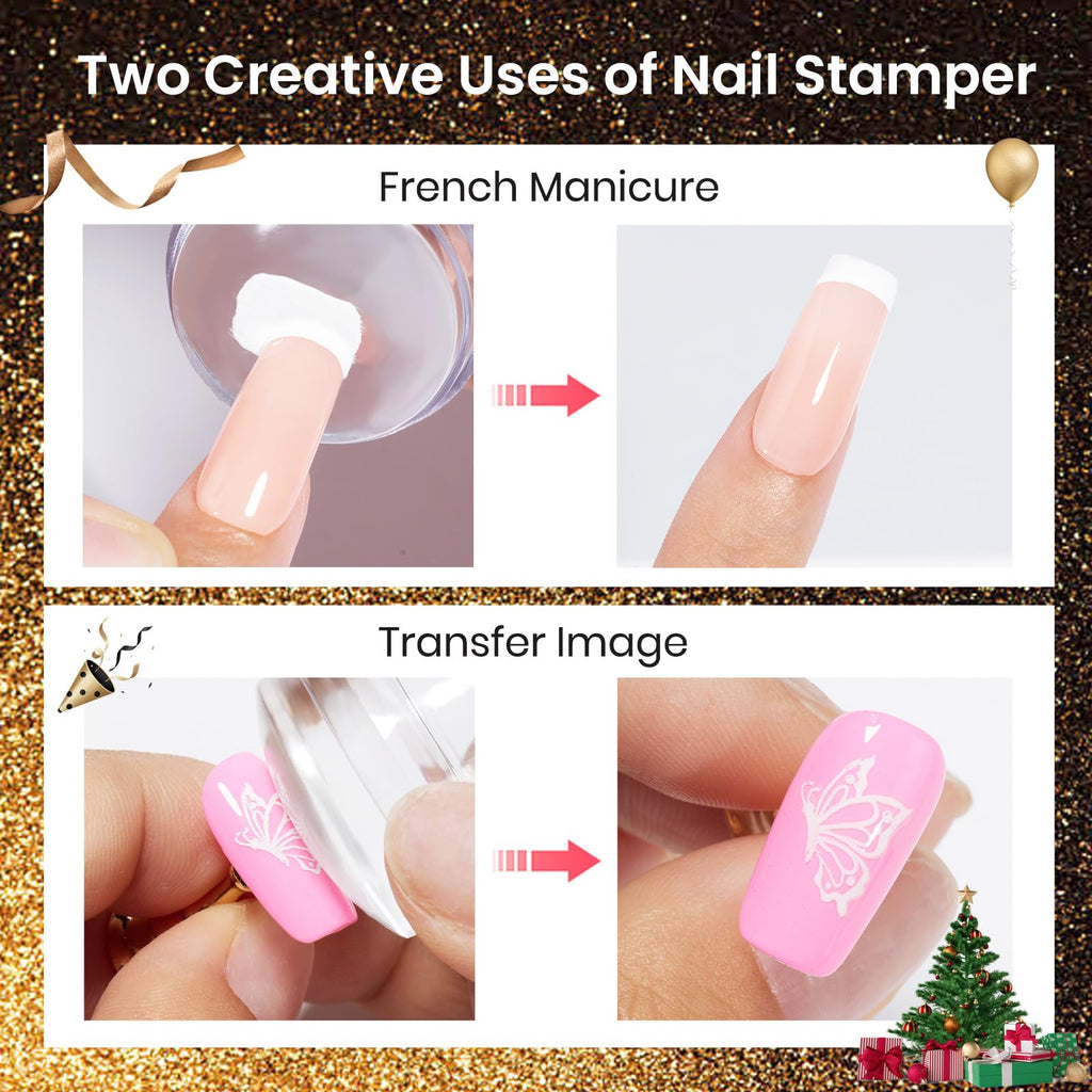 Beetles Nail Stamp Gel Kit – 16Pcs French Tip Set, 8 Colors, 5 Plates, Latex & Short Stamper