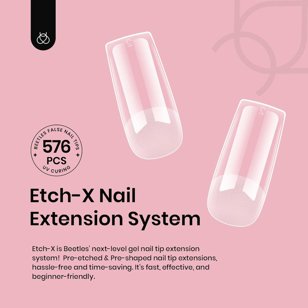 Beetles Nail Tips Medium Square | 576Pcs, 12 Sizes, Pre-Etched Soft Acrylic Nails