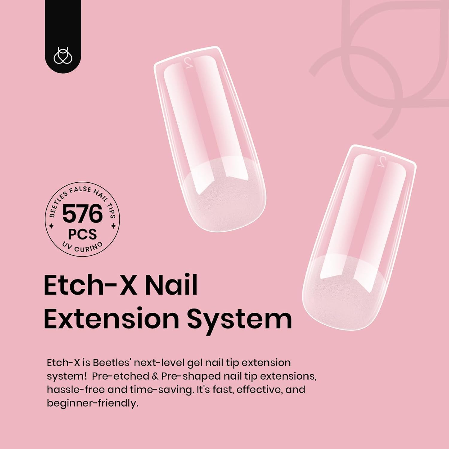Beetles Nail Tips Medium Square | 576Pcs, 12 Sizes, Pre-Etched Soft Acrylic Nails