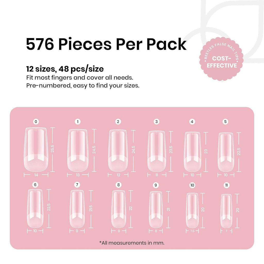 Beetles Nail Tips Medium Square | 576Pcs, 12 Sizes, Pre-Etched Soft Acrylic Nails