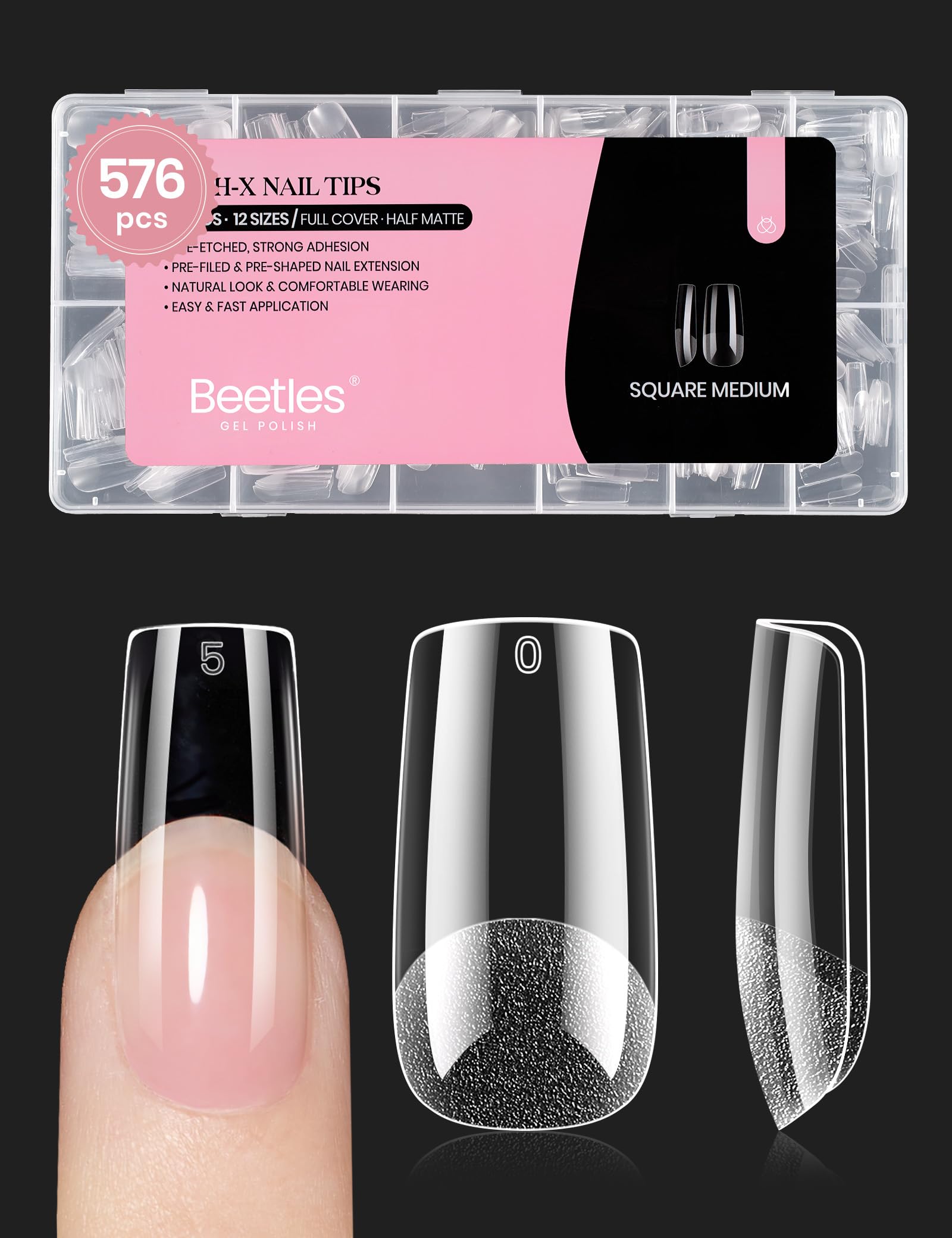 Beetles Nail Tips Medium Square | 576Pcs, 12 Sizes, Pre-Etched Soft Acrylic Nails