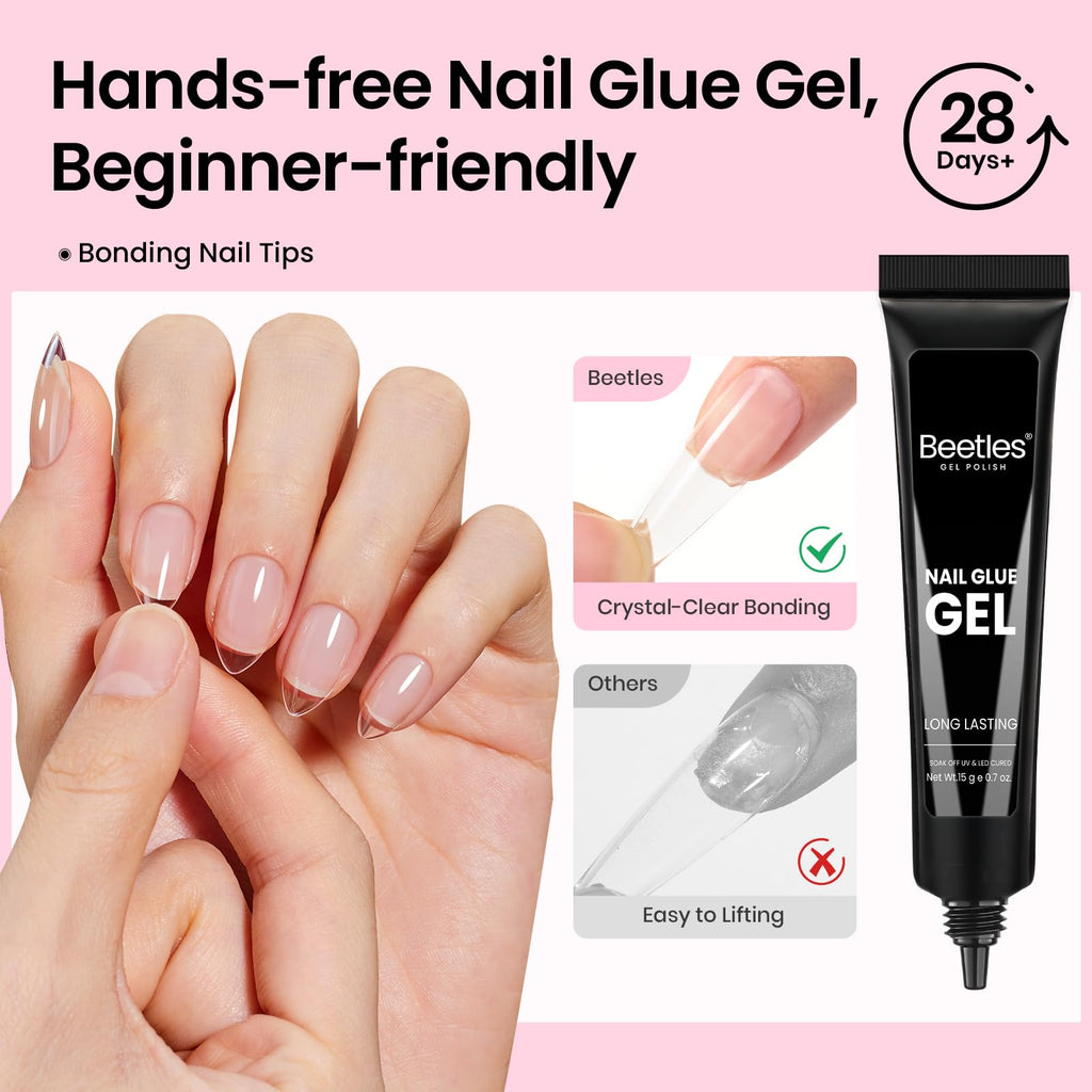 Beetles Curve-EX Almond Short Gel Nail Kit – 320 Tips, Glue Gel, Mini Lamp