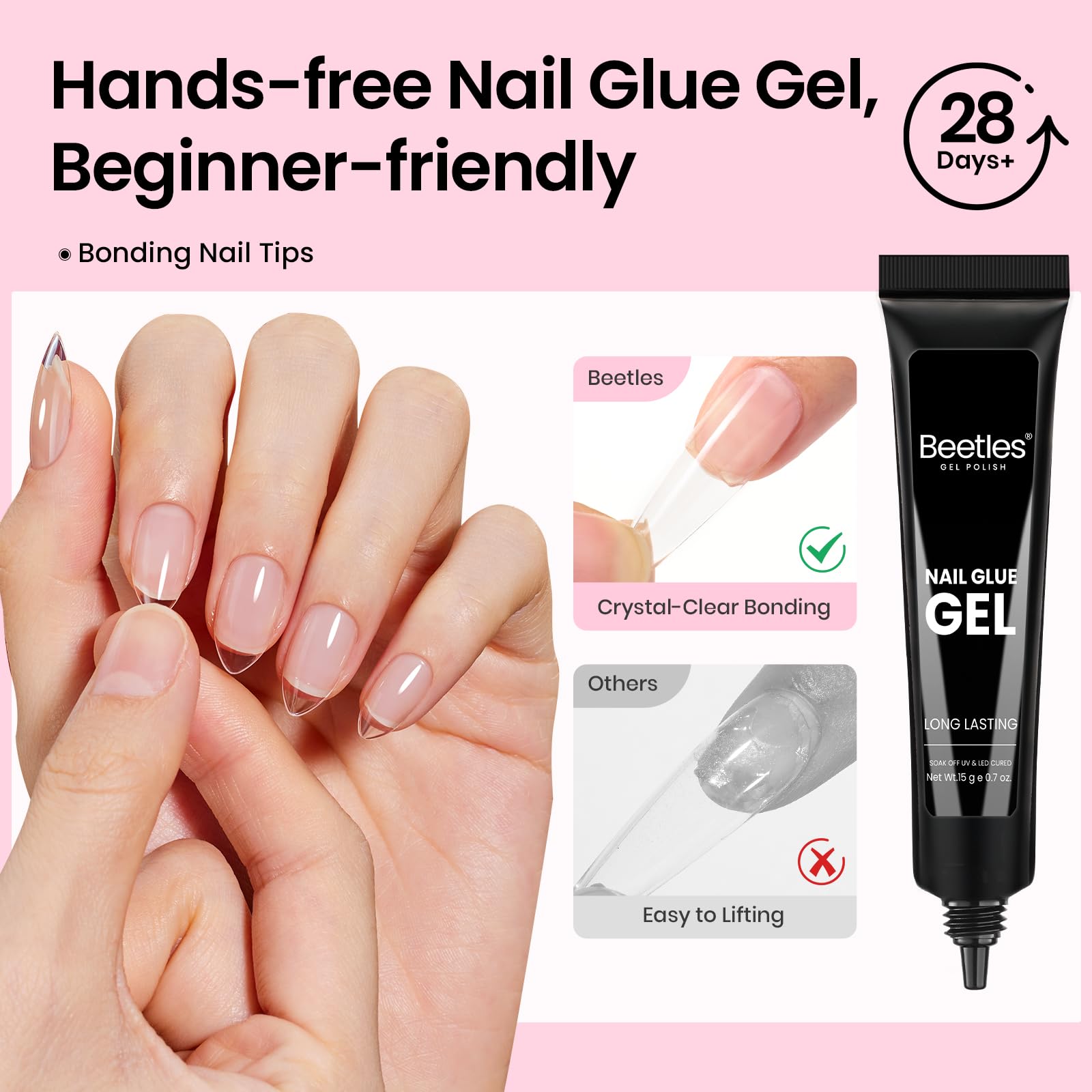 Beetles Curve-EX Almond Short Gel Nail Kit – 320 Tips, Glue Gel, Mini Lamp