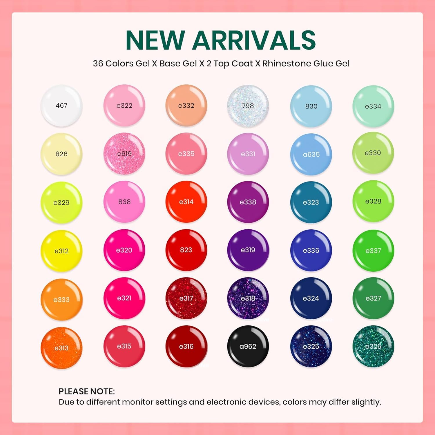 Beetles Gel Nail Polish Set – 36 Colors Rainbow Neon Collection + 46-Piece Kit with Top/Base Coat, Liner Brush, and Rhinestone Gel