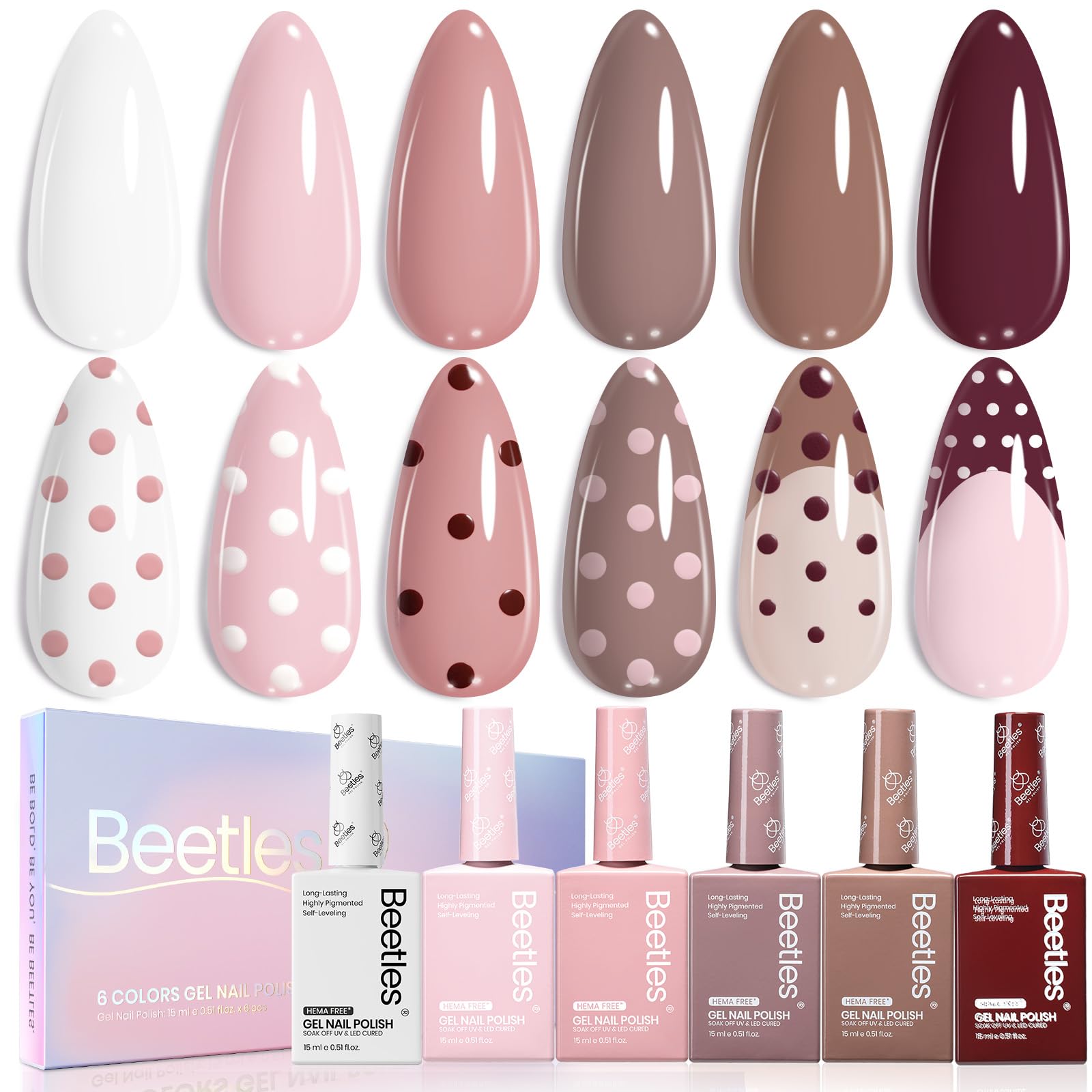 Beetles Neutral Gel Polish Set – 6 HEMA-Free Nude Brown Shades, Same-Color Bottle, Soak-Off UV/LED