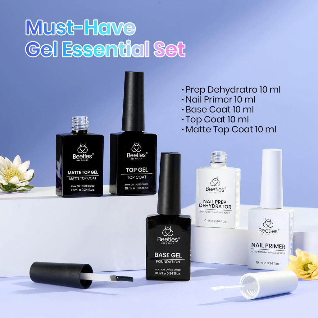 Beetles Base & Top Coat Set with Dehydrator & Primer – 5 Pcs Gel Nail Prep (Acid-Free, HEMA-Free)