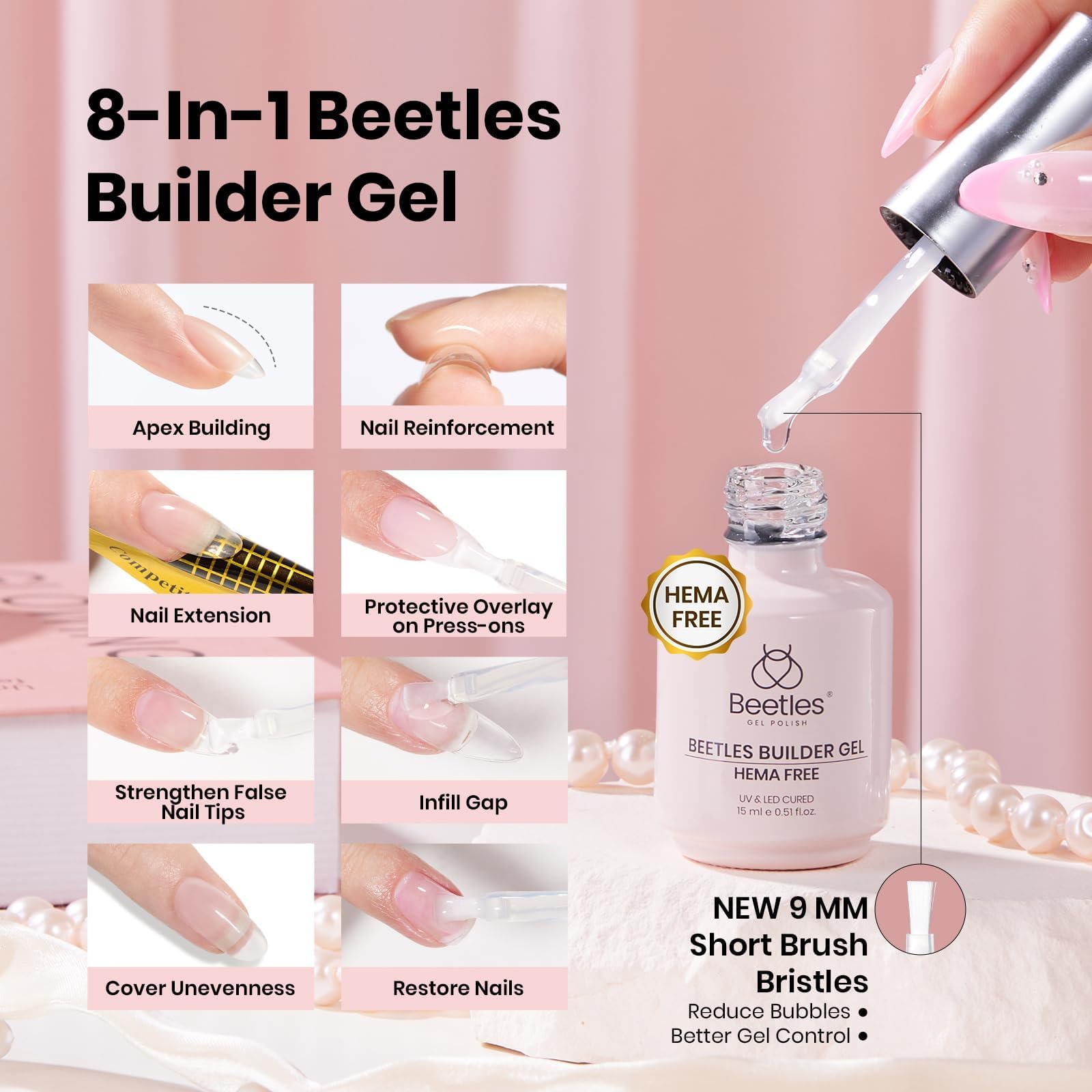 Beetles Gel Polish 4Pcs 15ml HEMA-Free Nail Tips Glue Kit with Builder Gel, No Wipe Top Coat & Portable Nail Lamp