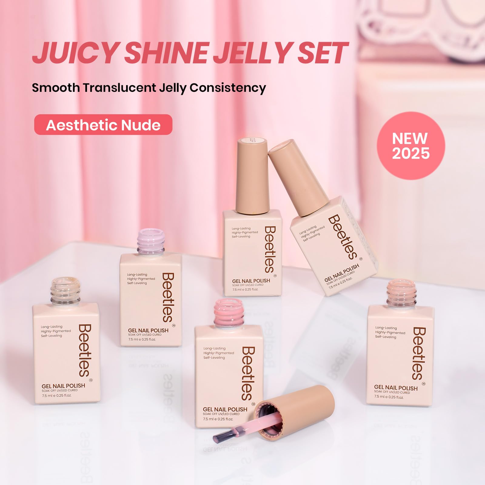 Beetles Nude Gel Nail Polish Set - 6 Nude Pink Jelly Shades (Soak-Off UV Gel)