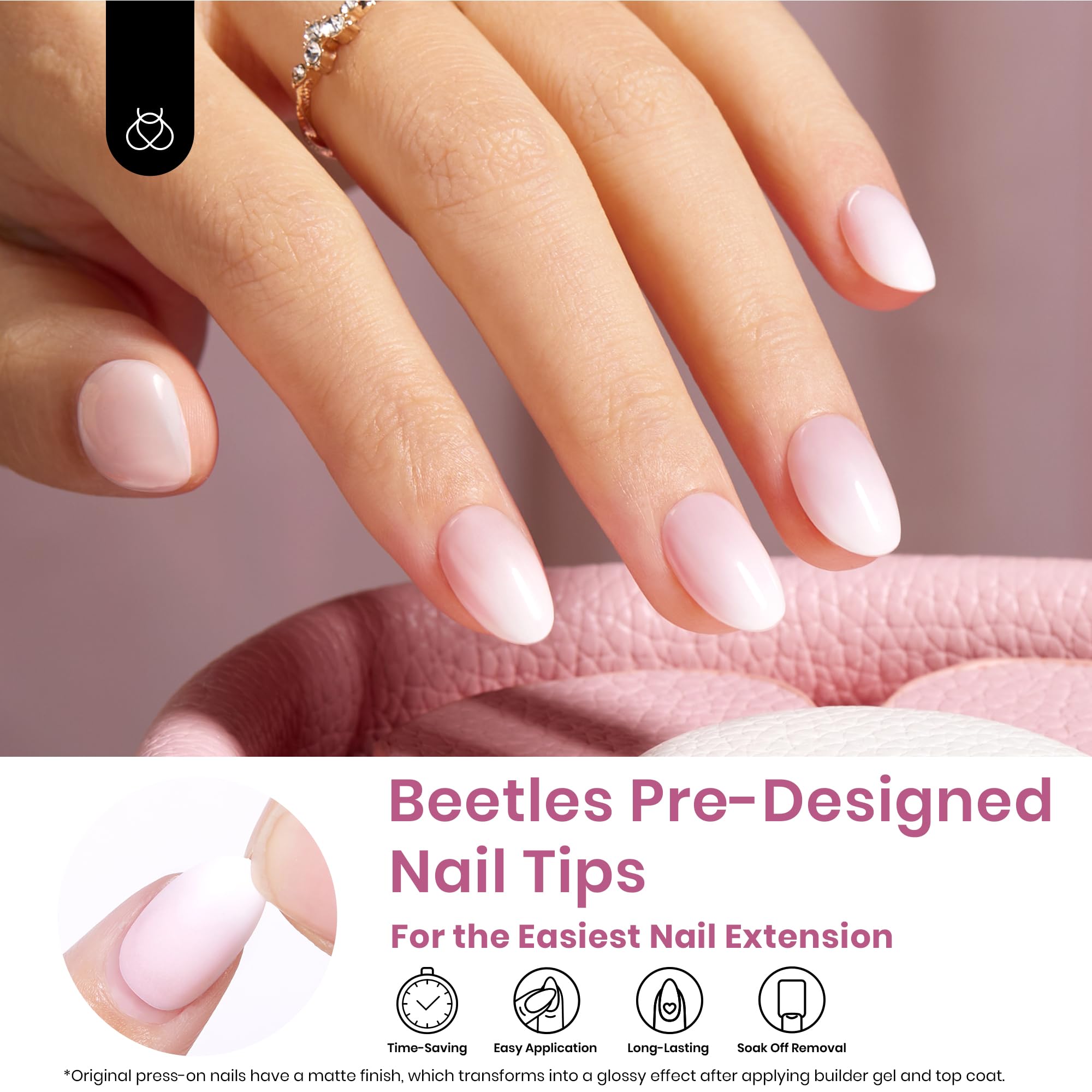 Beetles French Tip Press On Nails Ombre Pink Extra Short Almond 224 Pcs 16 Sizes 4 in 1 Kit