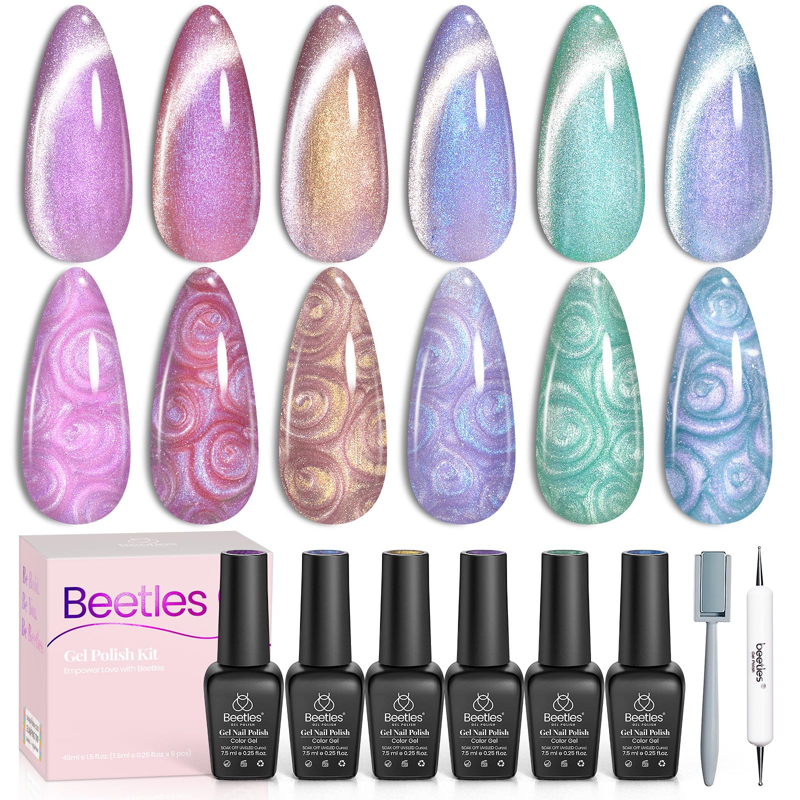 Beetles Pearl Gel Nail Polish Set – 6 Colors Cat Eye Holographic with Magnet | Velvet Finish