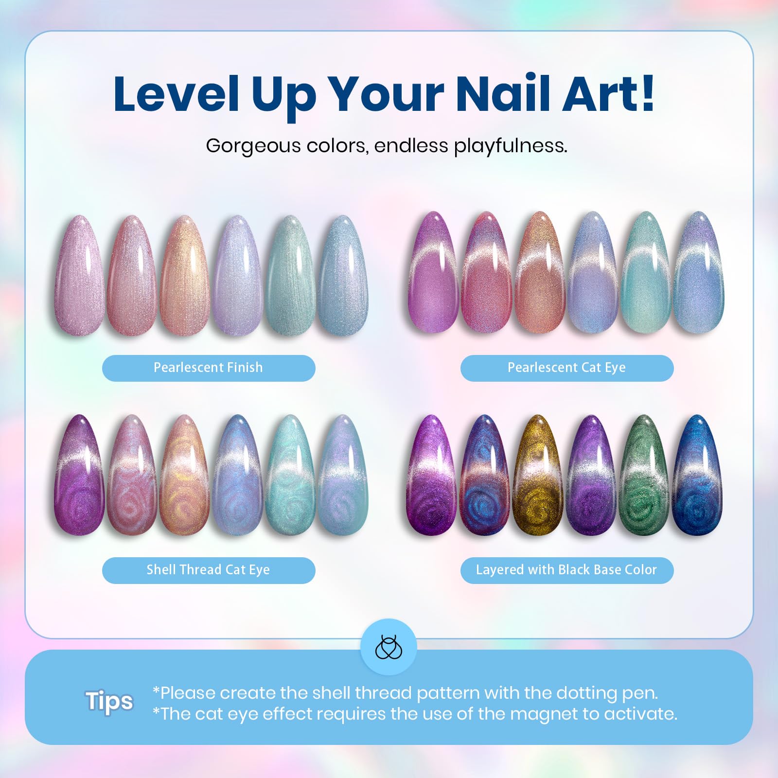 Beetles Pearl Gel Nail Polish Set – 6 Colors Cat Eye Holographic with Magnet | Velvet Finish