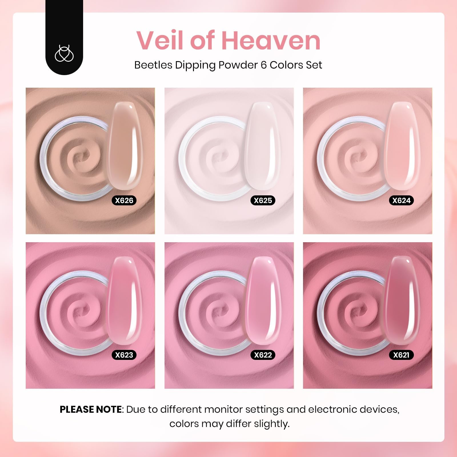 Beetles Pink Dip Powder Nail Kit — 6 Nude Pink Shades, No Lamp Needed, Long-Lasting & Cruelty-Free