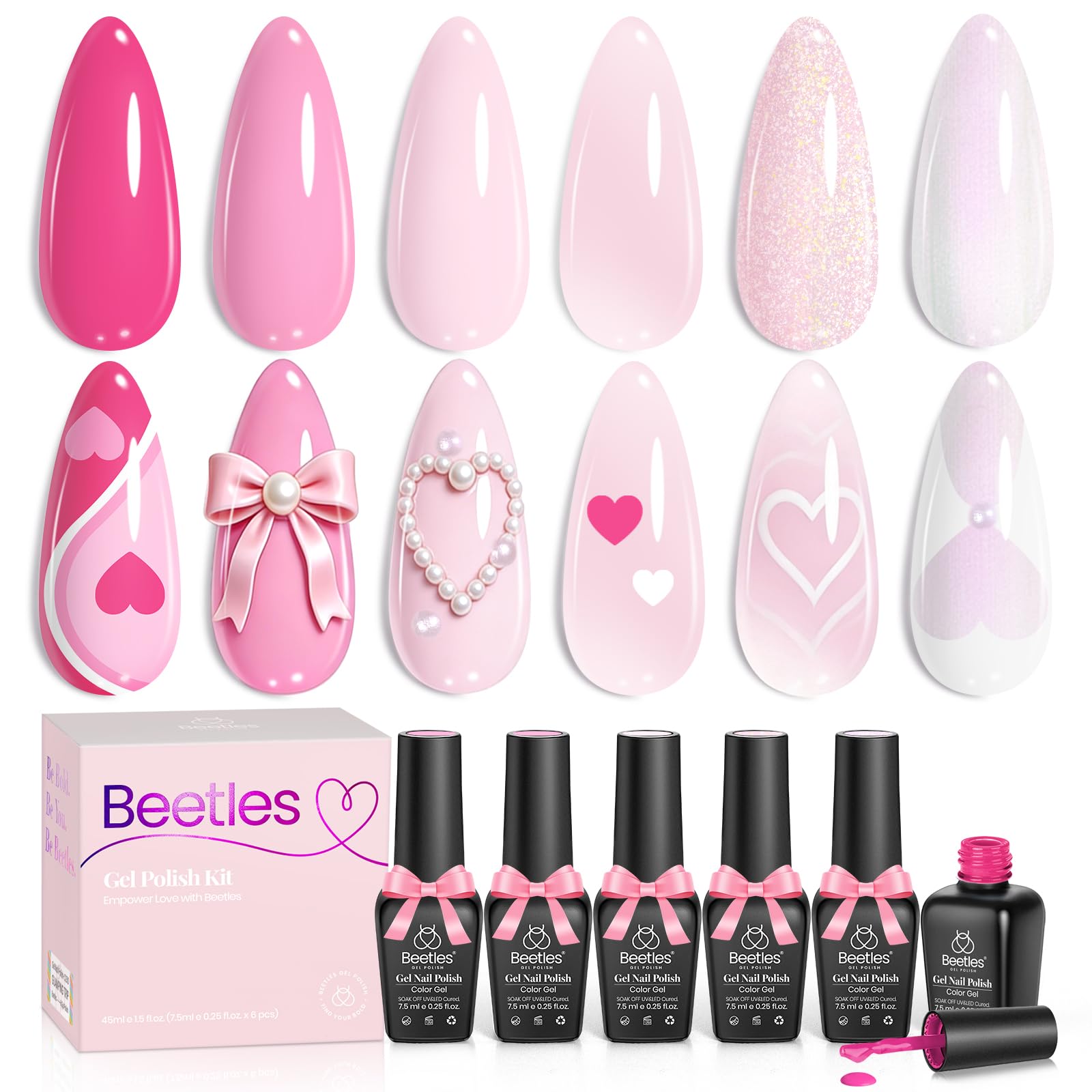Beetles Pink Gel Nail Polish Set – Blush Cotton, 6 Shades, Soak-Off UV/LED