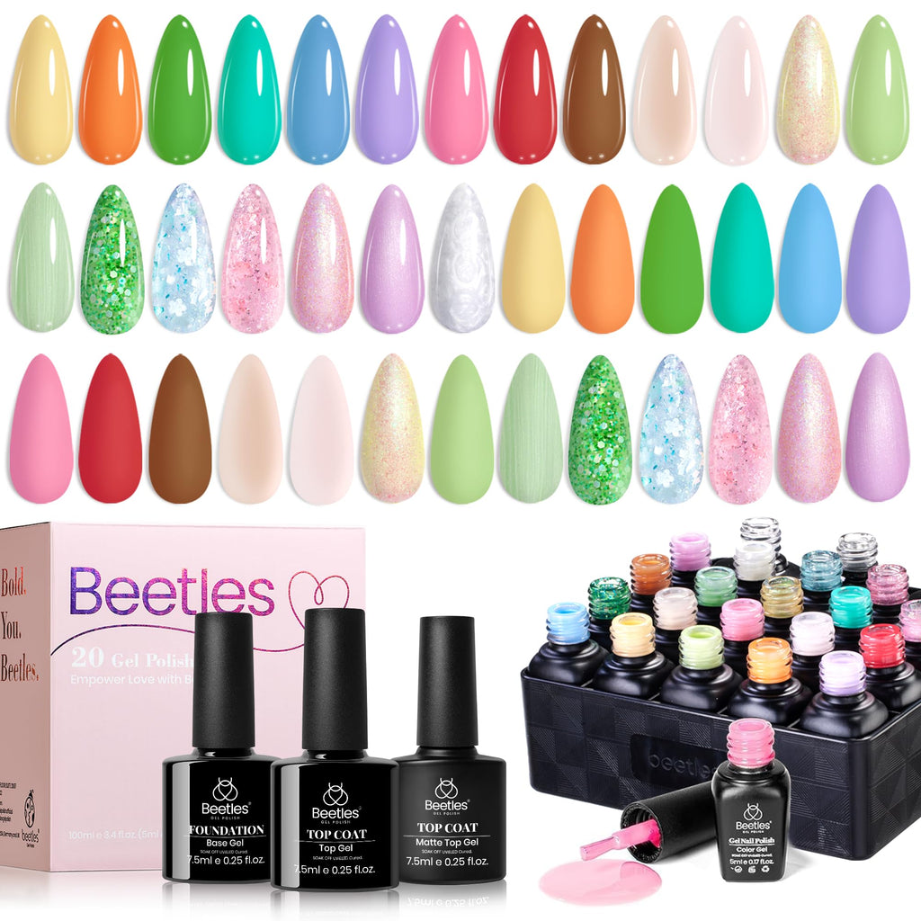 Beetles Gel Nail Polish Set – 20 Pastel Colors with Glossy & Matte Top & Base Coats