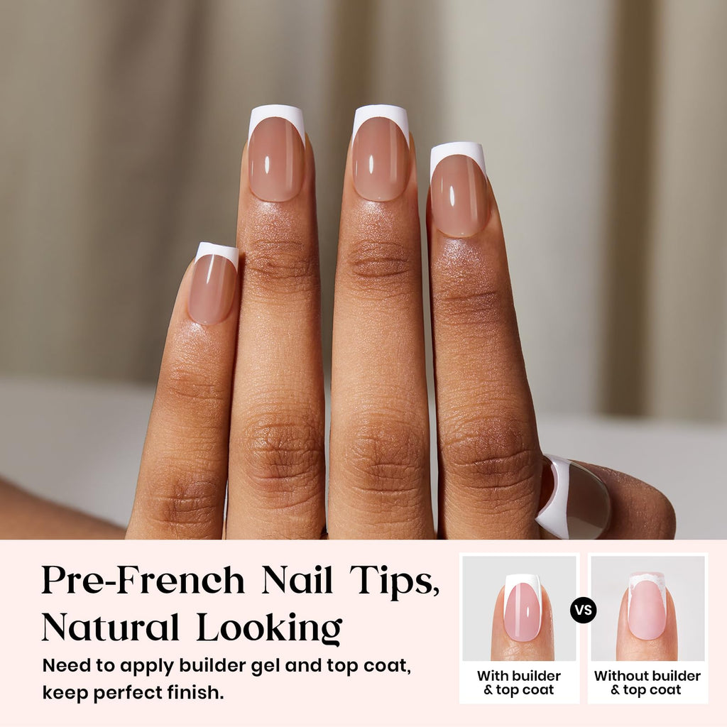 Beetles X Press Plus French Tip Nails - Caramel French, Short Square, 15 Sizes, 150 Pcs | Natural Salon Quality Nail Tips