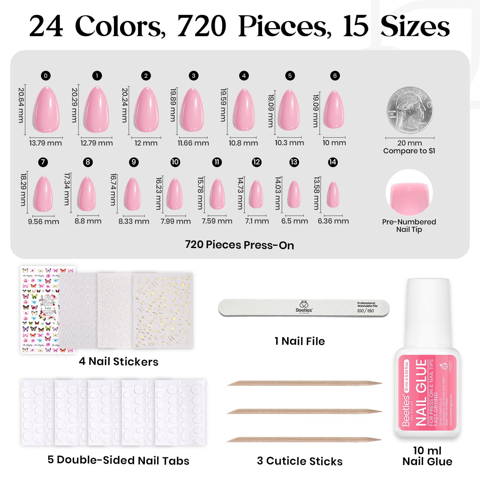 Beetles Press On Nails Kit – 720 Pcs, 24 Colors, Short Almond, Glue & Tabs Included