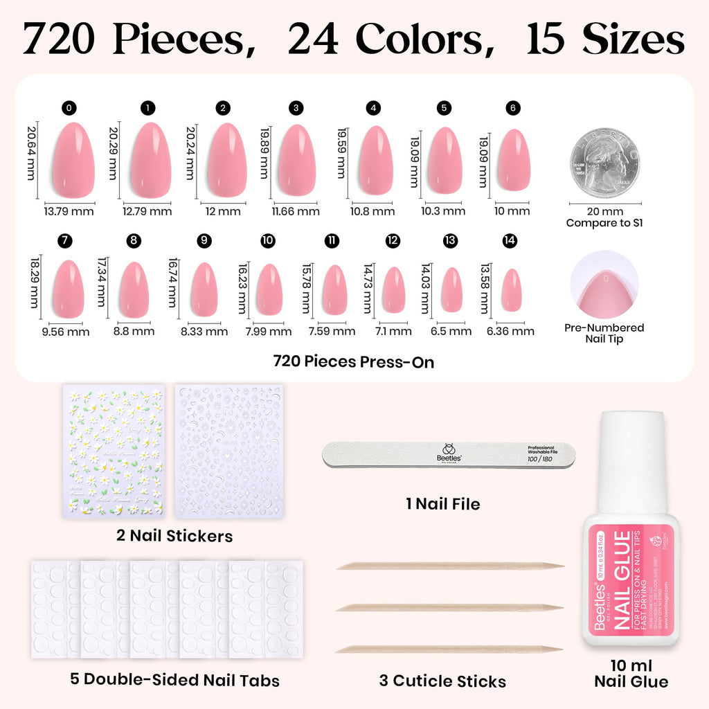 Beetles Press On Nails Kit Rainbow Gleam – 720 Pcs, 24 Colors, Short Almond, Matte & Glossy