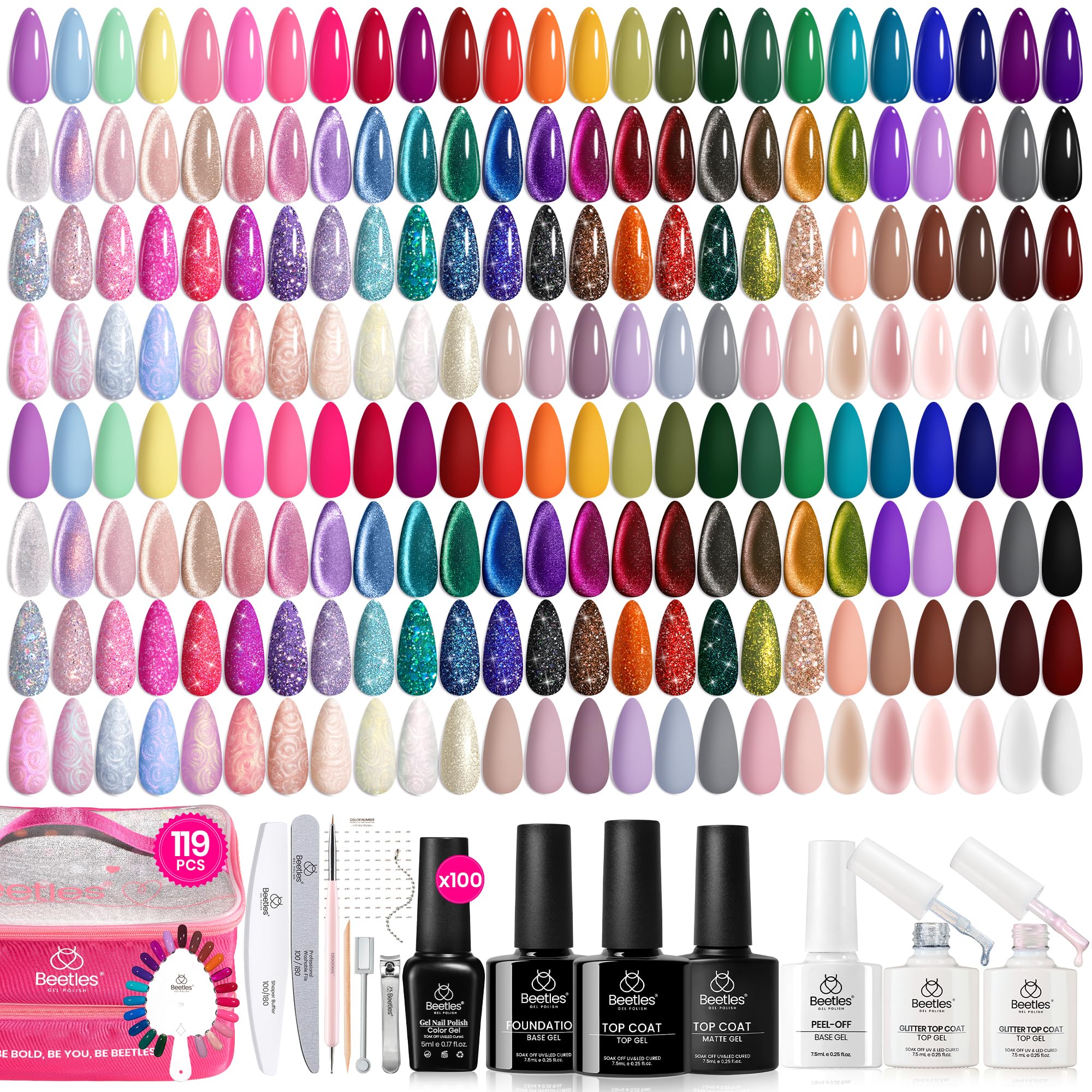 Beetles 119 PCS Gel Nail Polish Set – 100 Colors with Cat Eye, Glitter, Pearl Finishes + Base & Top Coats for At-Home Manicures