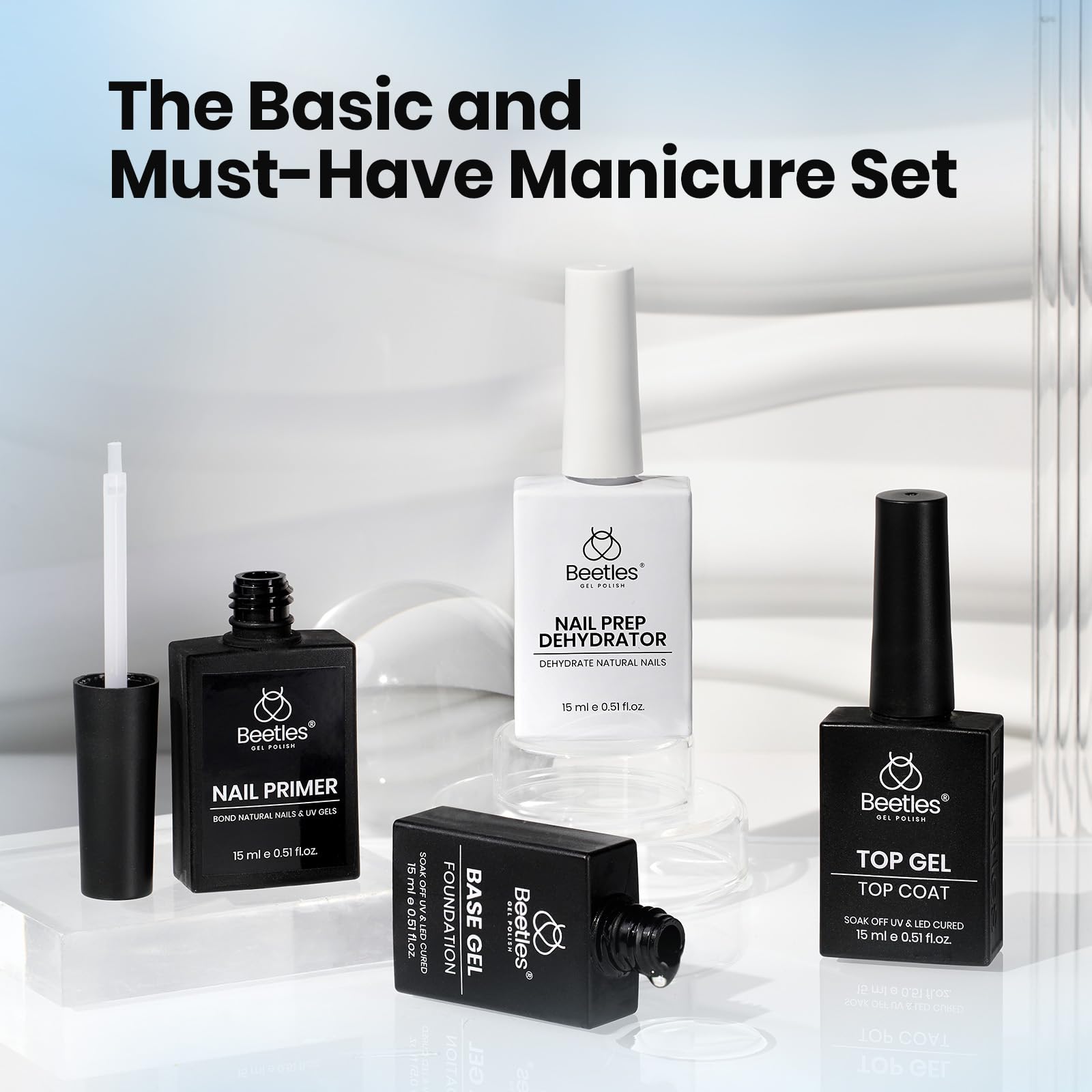 Beetles Gel Polish 4-Piece Base Coat, Top Coat, Dehydrator & Primer Set – Acid-Free & HEMA-Free Bond
