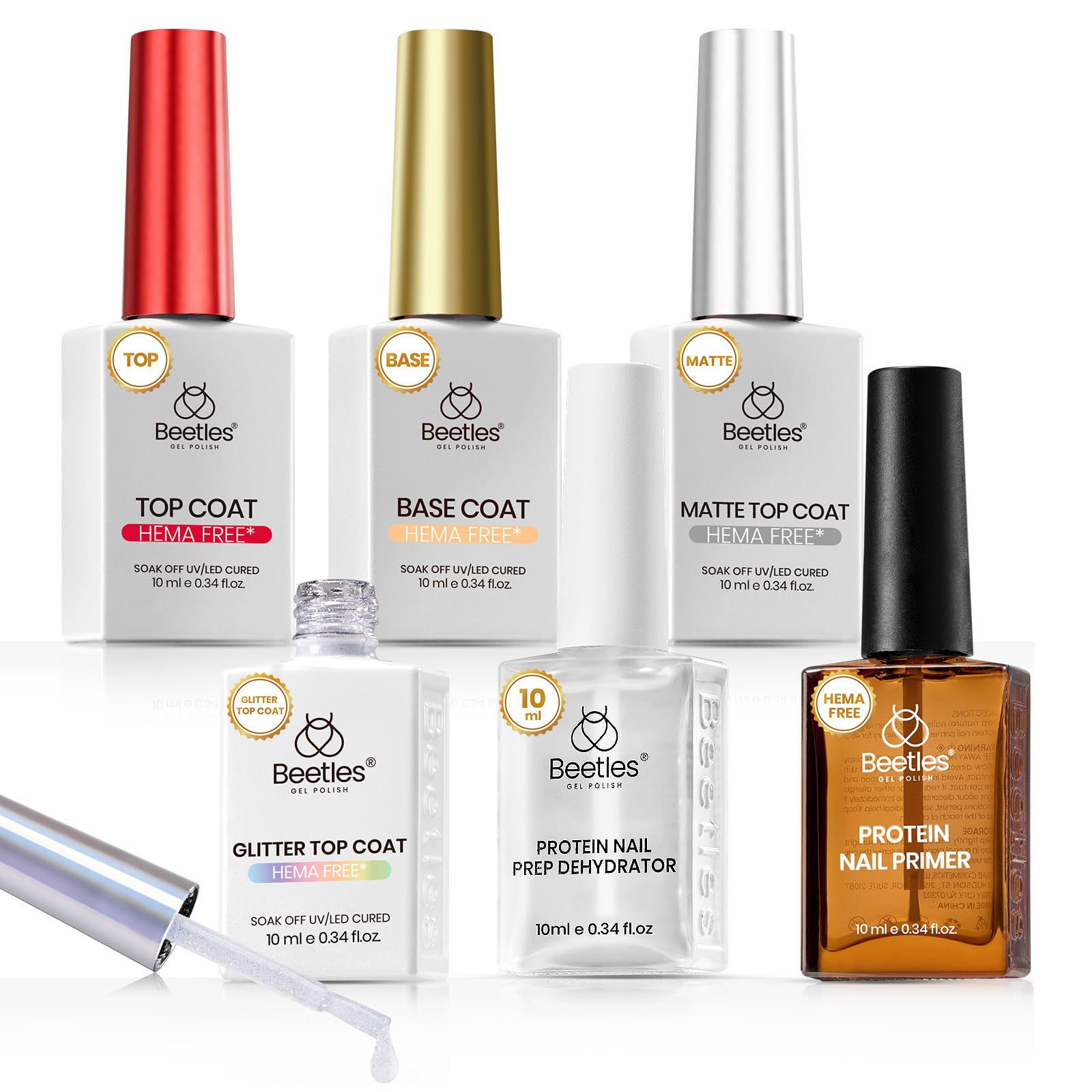 Beetles Protein Nail Prep Dehydrator & Primer Set — Hema-Free, Acid-Free, 10ml, Matte & Glitter Top Coat