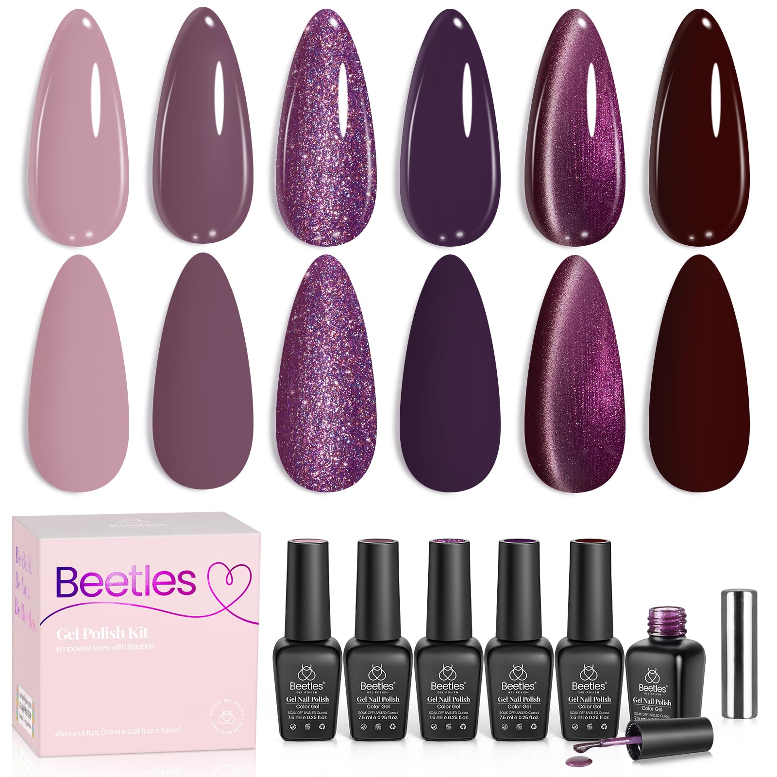 Beetles Purple Gel Nail Polish Set – 6 Colors (Muse of Midnight) | Cat Eye Glitter, UV/LED, Soak Off