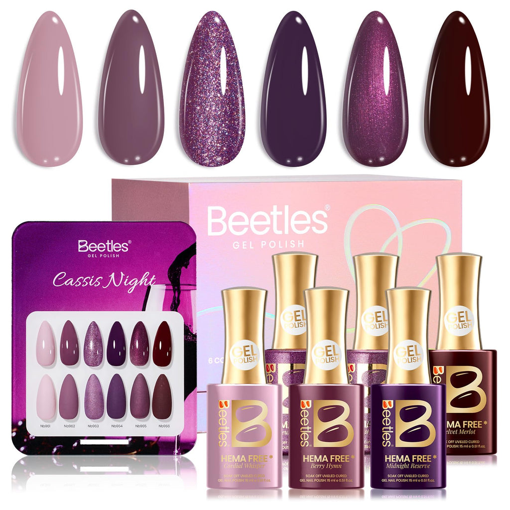 Beetles Purple Gel Polish Set – 6 Colors Cassis Night Collection, HEMA-Free 15ml & Swatch Card