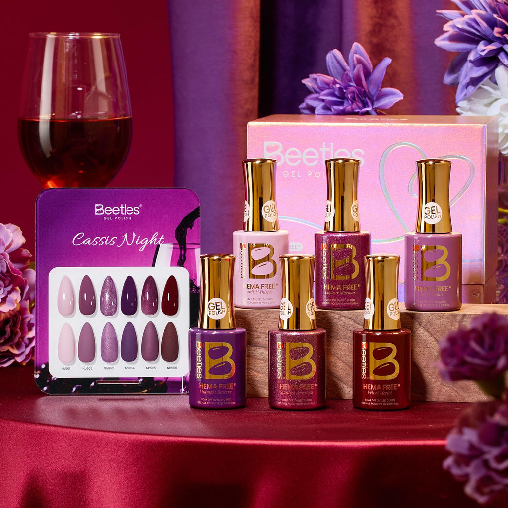 Beetles Purple Gel Polish Set – 6 Colors Cassis Night Collection, HEMA-Free 15ml & Swatch Card