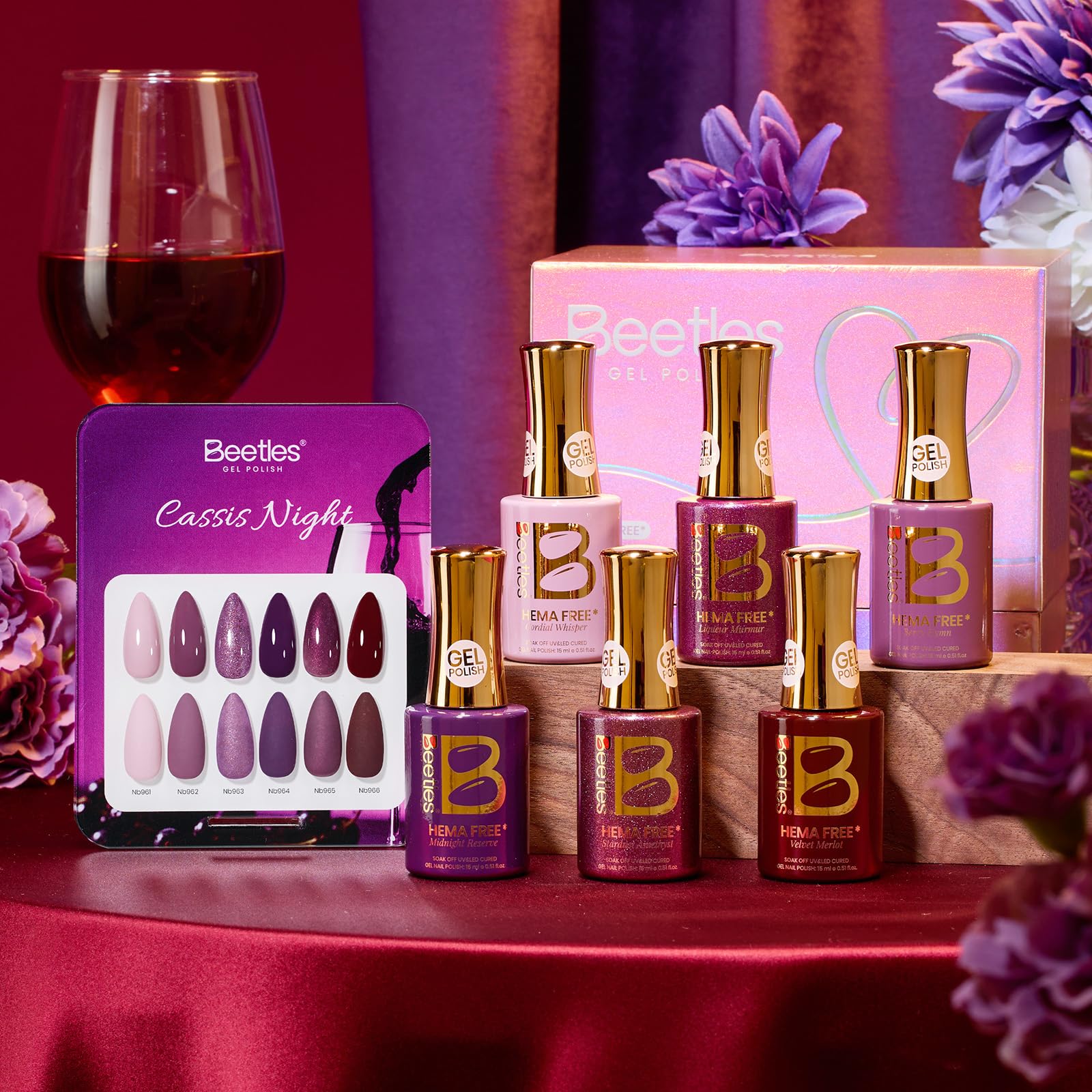Beetles Purple Gel Polish Set – 6 Colors Cassis Night Collection, HEMA-Free 15ml & Swatch Card