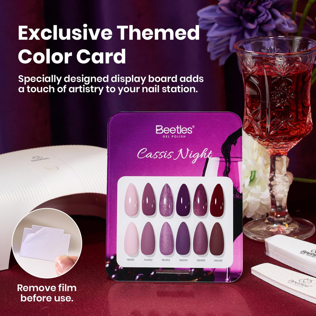 Beetles Purple Gel Polish Set – 6 Colors Cassis Night Collection, HEMA-Free 15ml & Swatch Card