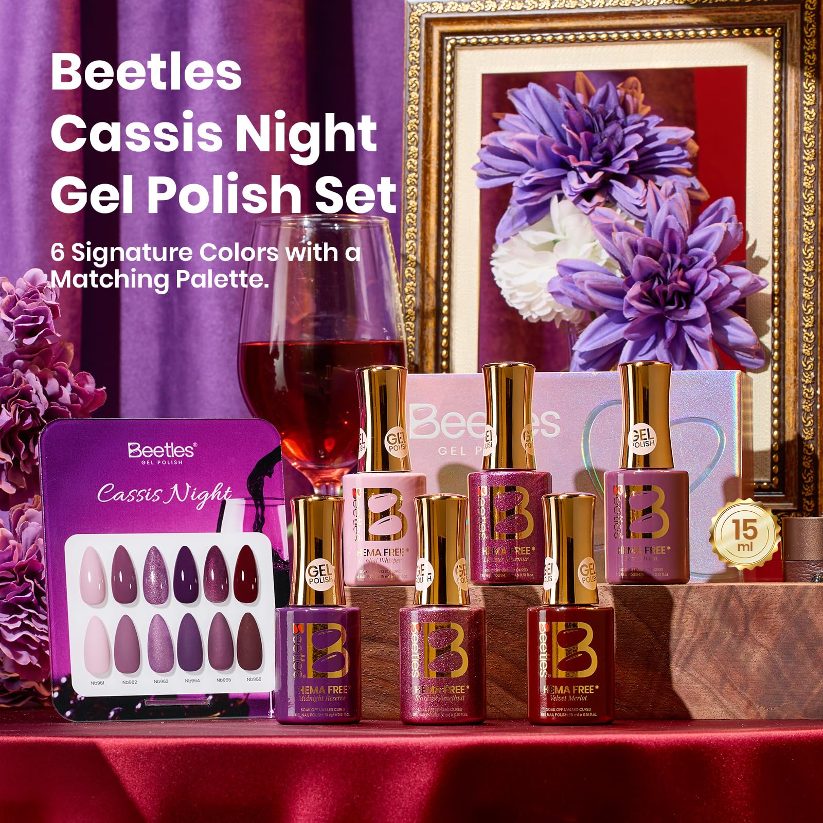 Beetles Purple Gel Polish Set – 6 Colors Cassis Night Collection, HEMA-Free 15ml & Swatch Card