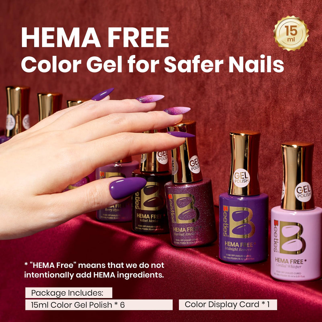 Beetles Purple Gel Polish Set – 6 Colors Cassis Night Collection, HEMA-Free 15ml & Swatch Card