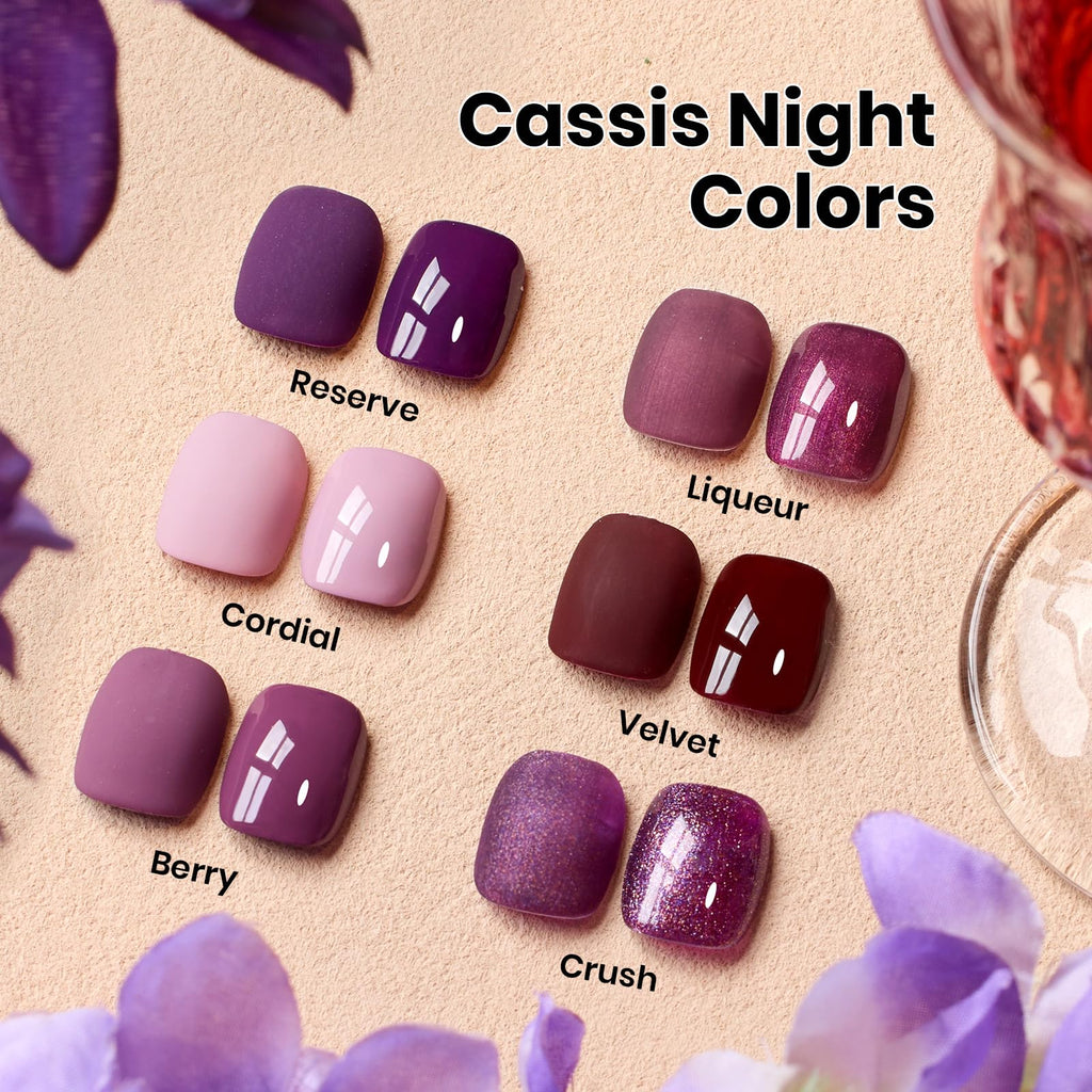 Beetles Purple Gel Polish Set – 6 Colors Cassis Night Collection, HEMA-Free 15ml & Swatch Card