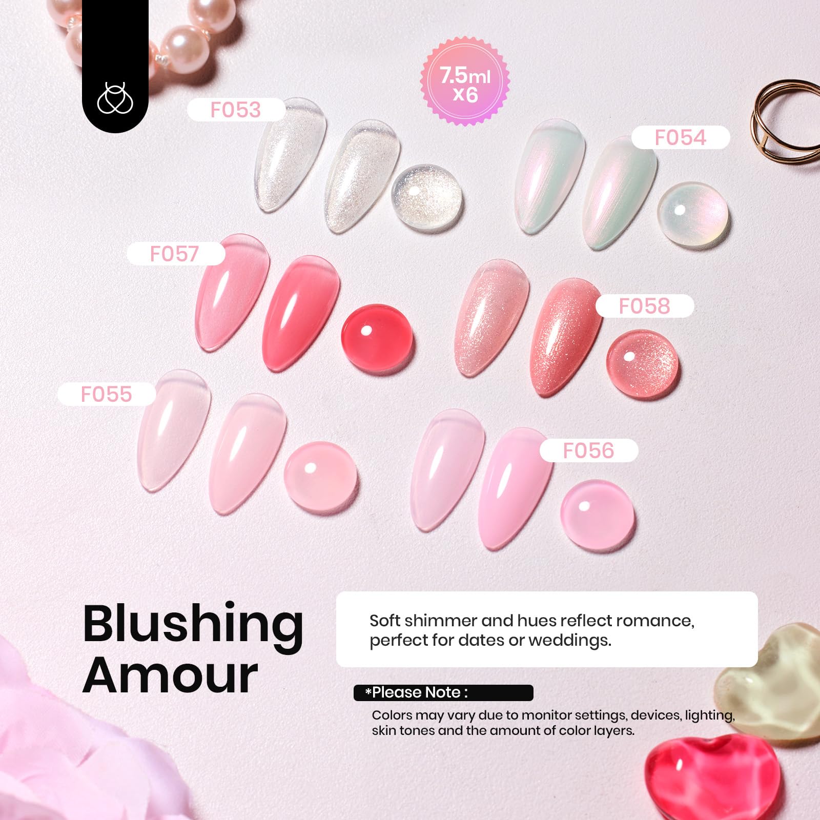 Beetles Rubber Base Gel Nude Pink – 6-Color Set, 5-in-1 Strengthening