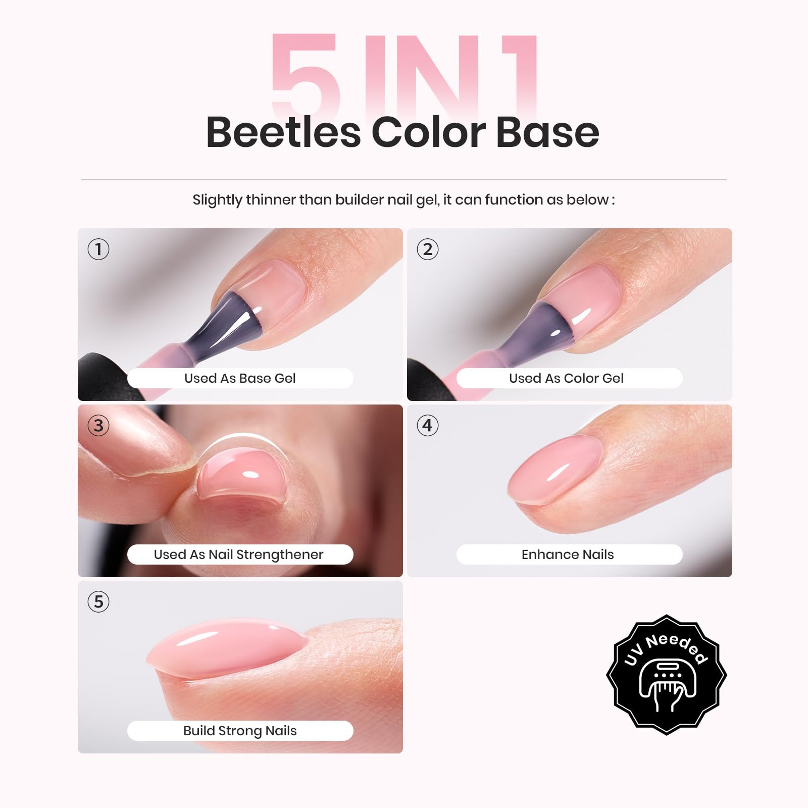 Beetles Rubber Base Gel Nude Pink – 6-Color Set, 5-in-1 Strengthening
