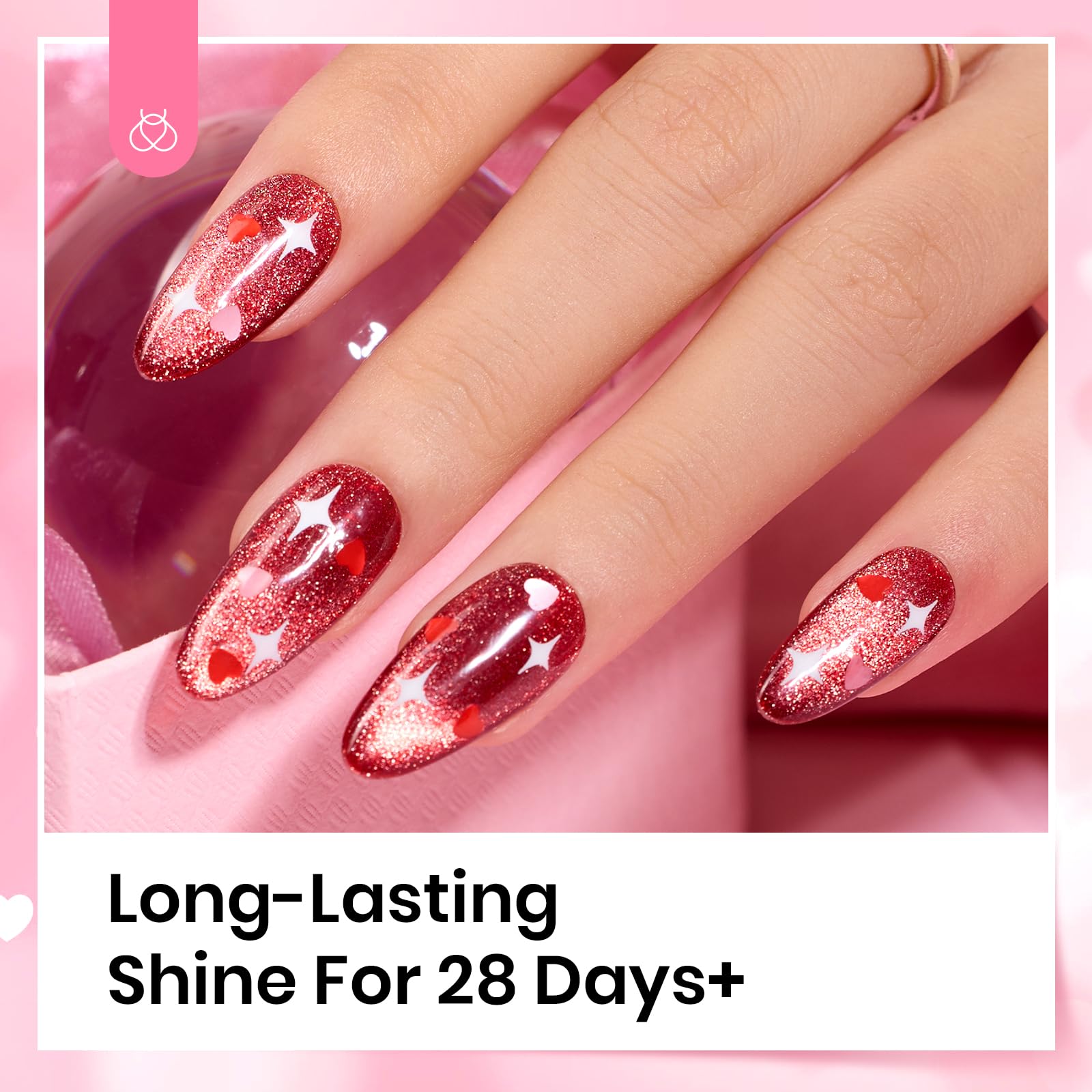 Beetles Gel Polish 15ml Clear Pink Top Coat with Pink & Red Heart Glitter – Romantic Nail Shine