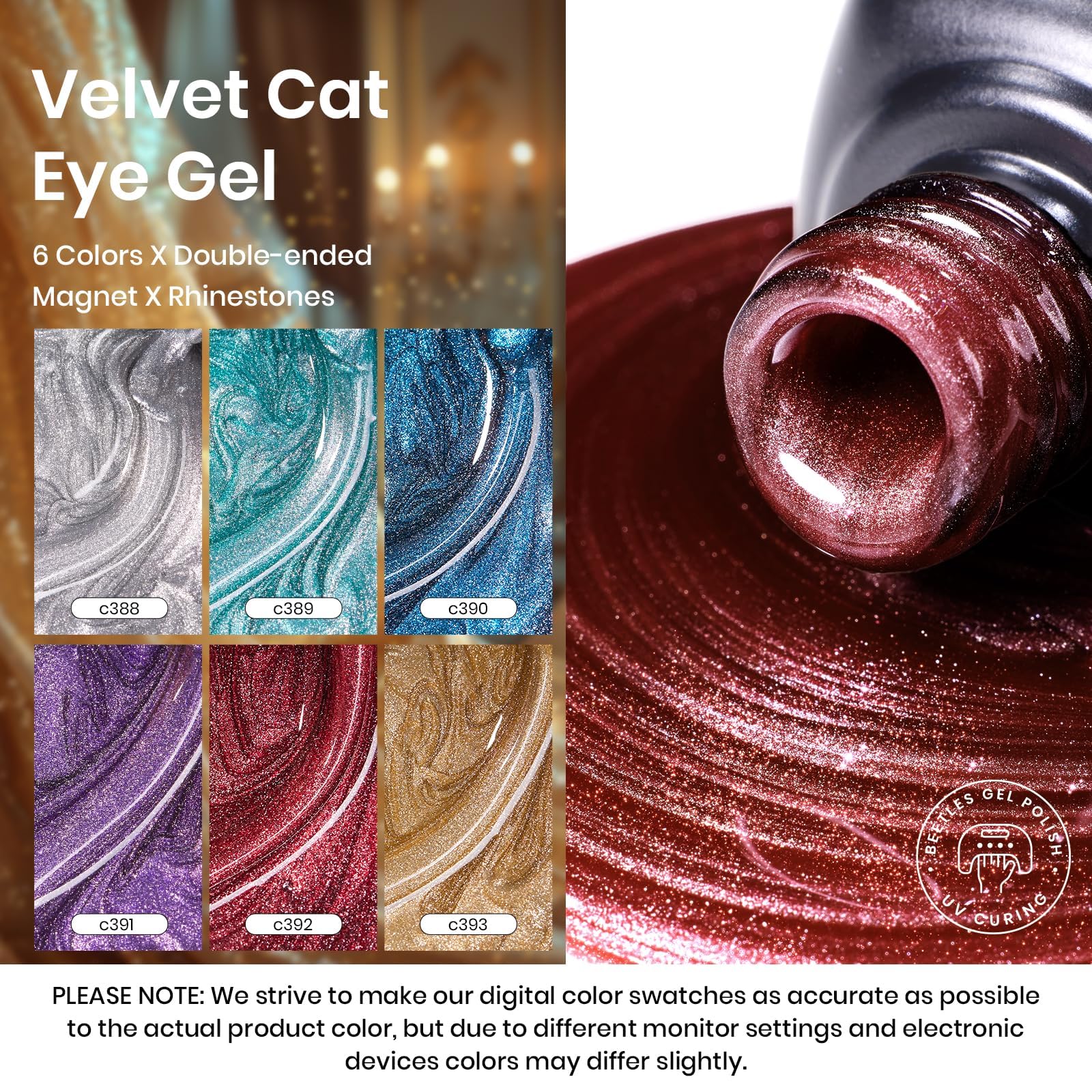 Beetles Cat Eye Gel Nail Polish Set – 6 Magnetic Colors & Holographic Glitter