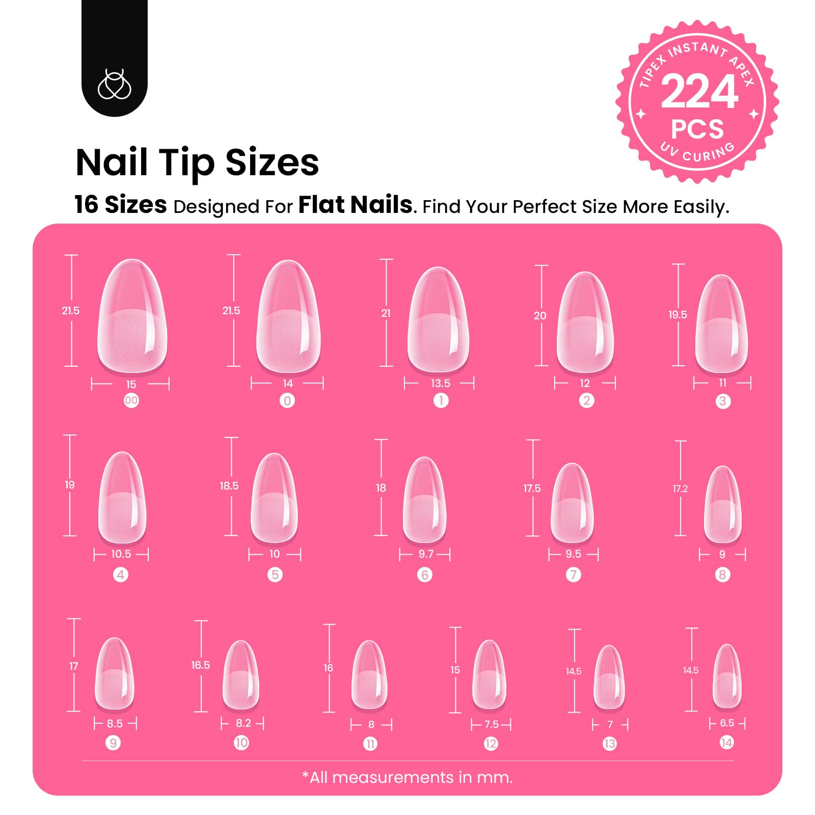 Beetles Tipex Instant Apex Nail Tips Kit – 224 Tips, Oval Short, 16 Sizes, Mini UV Lamp