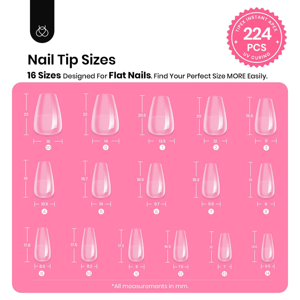 Beetles Tipex Gel Nail Kit Short Coffin – 224 Pcs, 16 Sizes, Glue & Mini UV Lamp