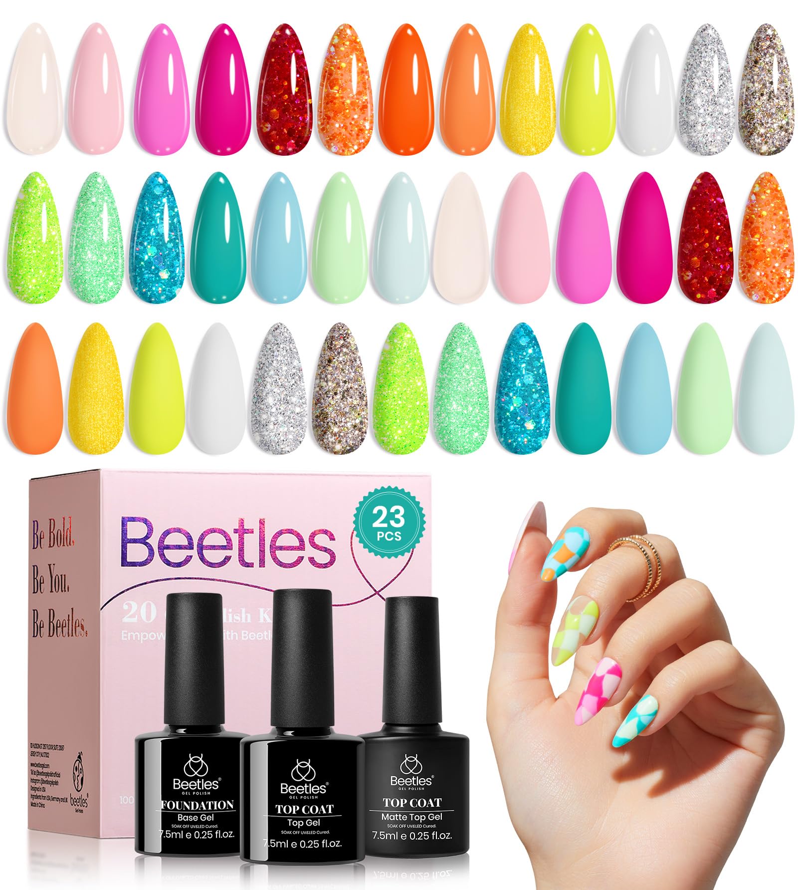 Beetles Spring Gel Nail Polish Set – 20 Neon Pastel Colors + Base & Top Coats