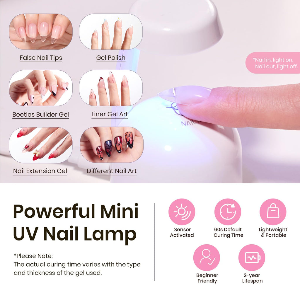 Beetles Tipex Gel Nail Kit – 224 Pre-Built Tips, 16 Sizes, Mini UV Lamp & Glue