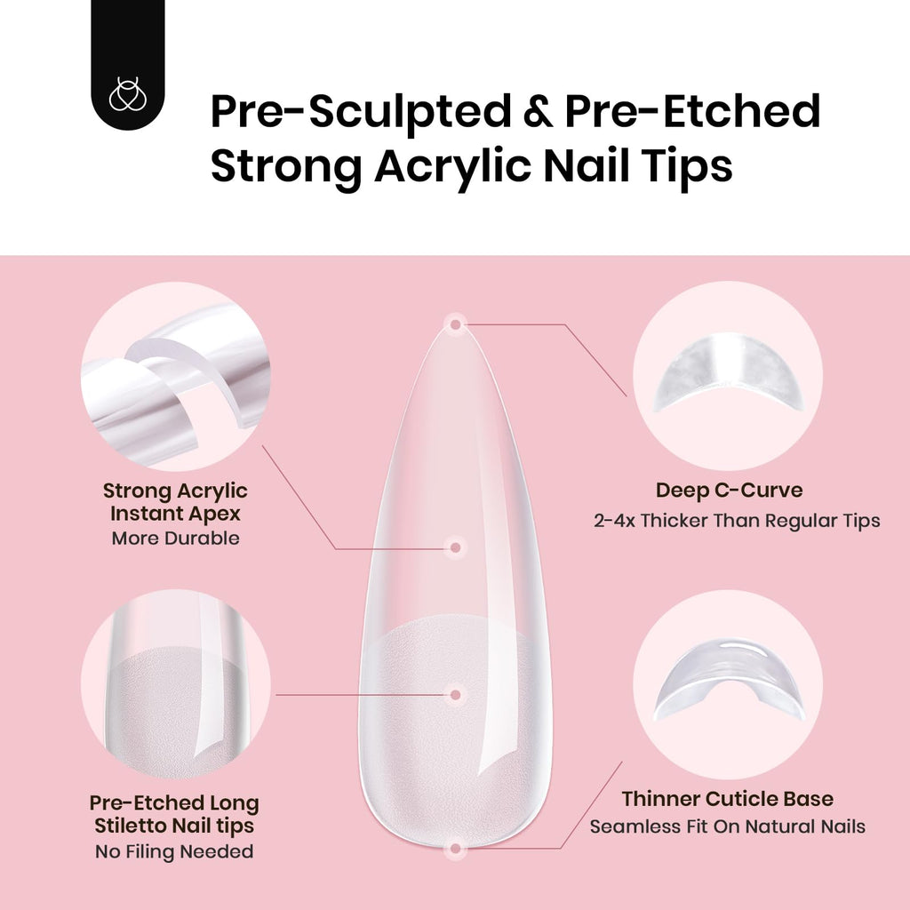 Beetles Tipex Instant Apex Nail Tips – Long Stiletto, Pre-Built & Pre-Etched, 192Pcs, 16 Sizes