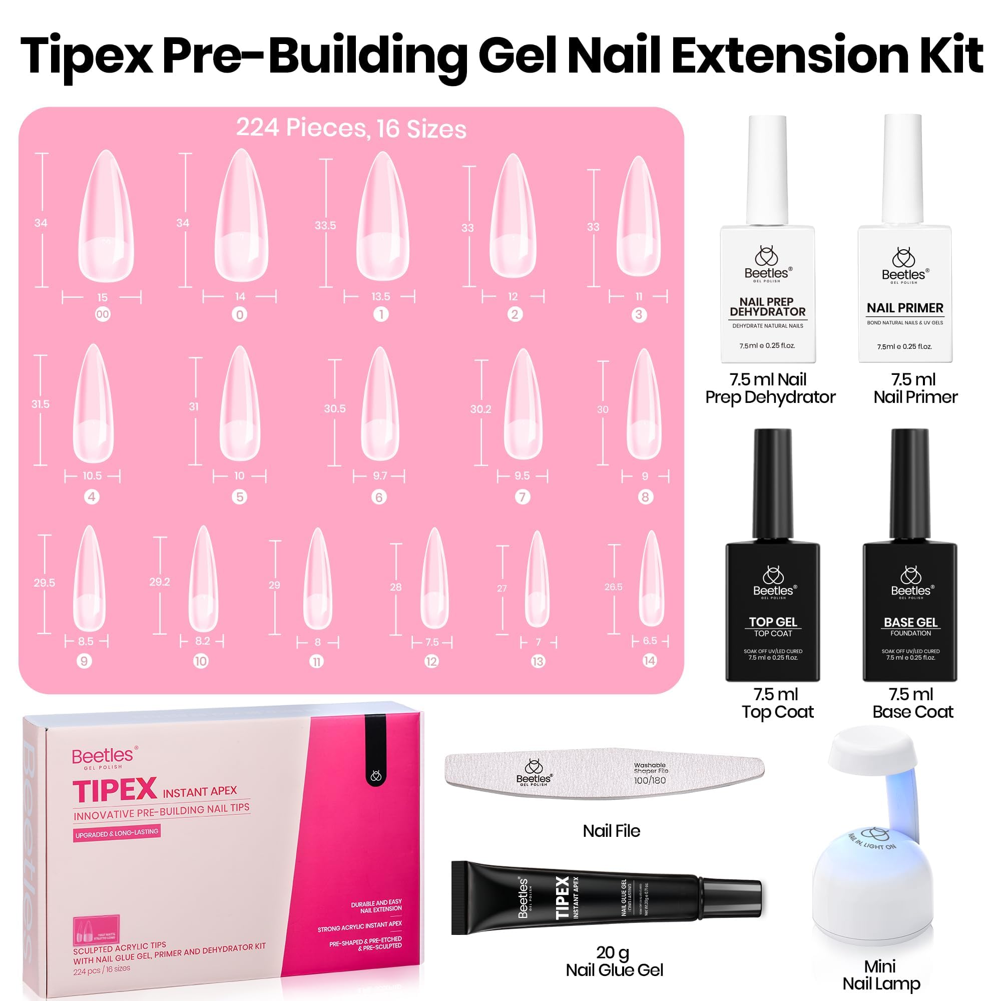 Beetles Tipex Instant Apex Nail Tips Kit – Stiletto Long Pre-Built Tips, 224PCS, Glue, UV Lamp, 16 Sizes