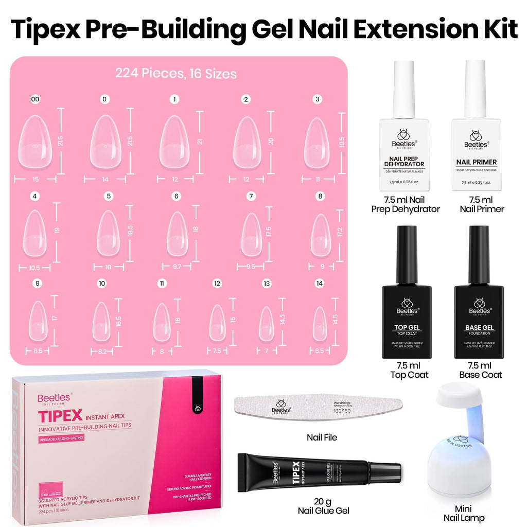 Beetles Tipex Instant Apex Nail Tips Kit – Almond Short, 224Pcs + UV Glue, Dehydrator, Primer, Base & Top Coat, Mini UV Lamp