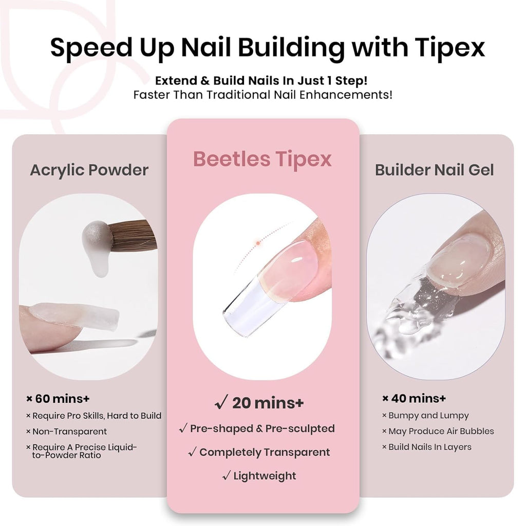Beetles Tipex Nail Tips Kit Square Medium – 224 Pcs, 16 Sizes, Mini UV Lamp & Glue