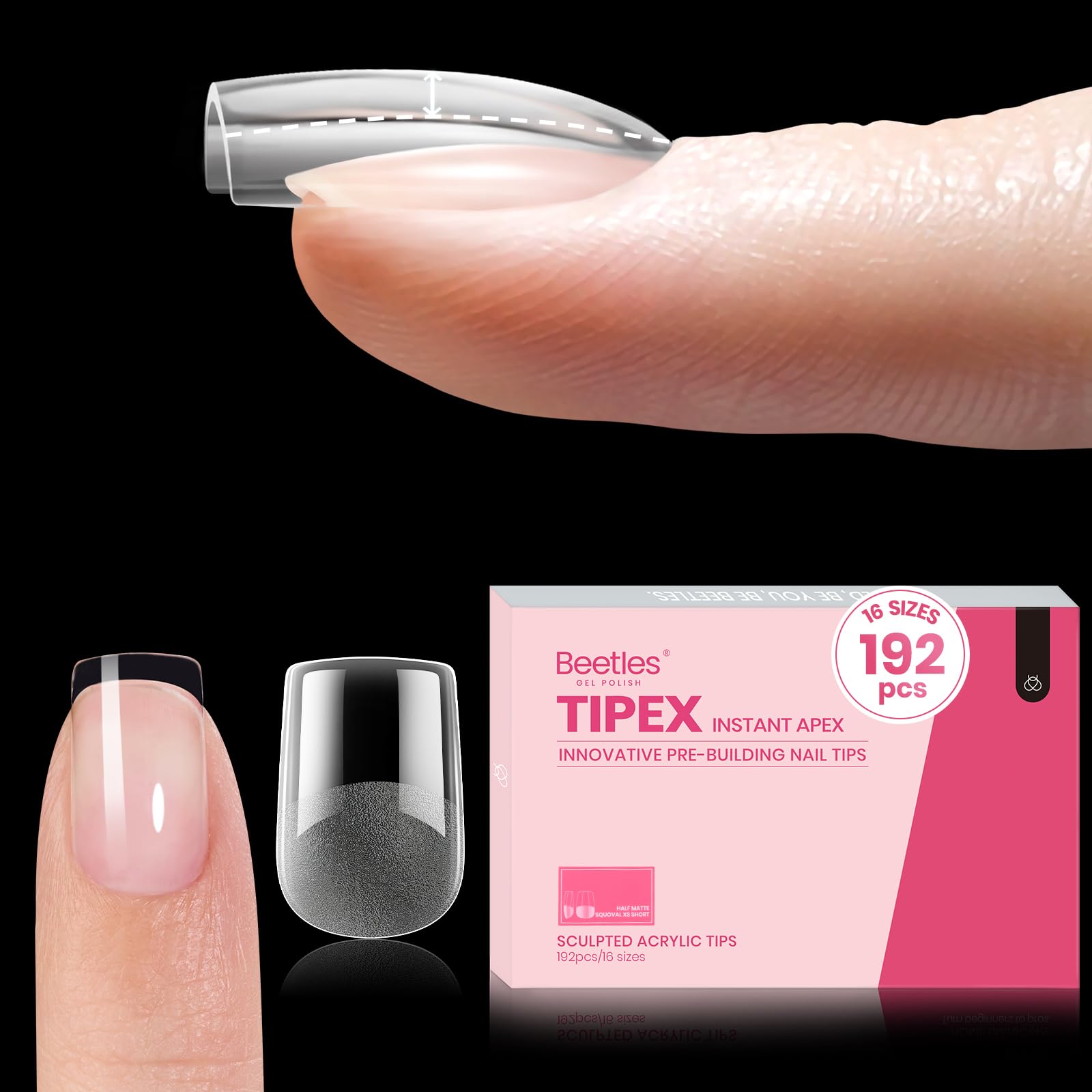 Beetles Tipex Instant Apex Nail Tips – Extra Short Squoval, 192Pcs, 16 Sizes